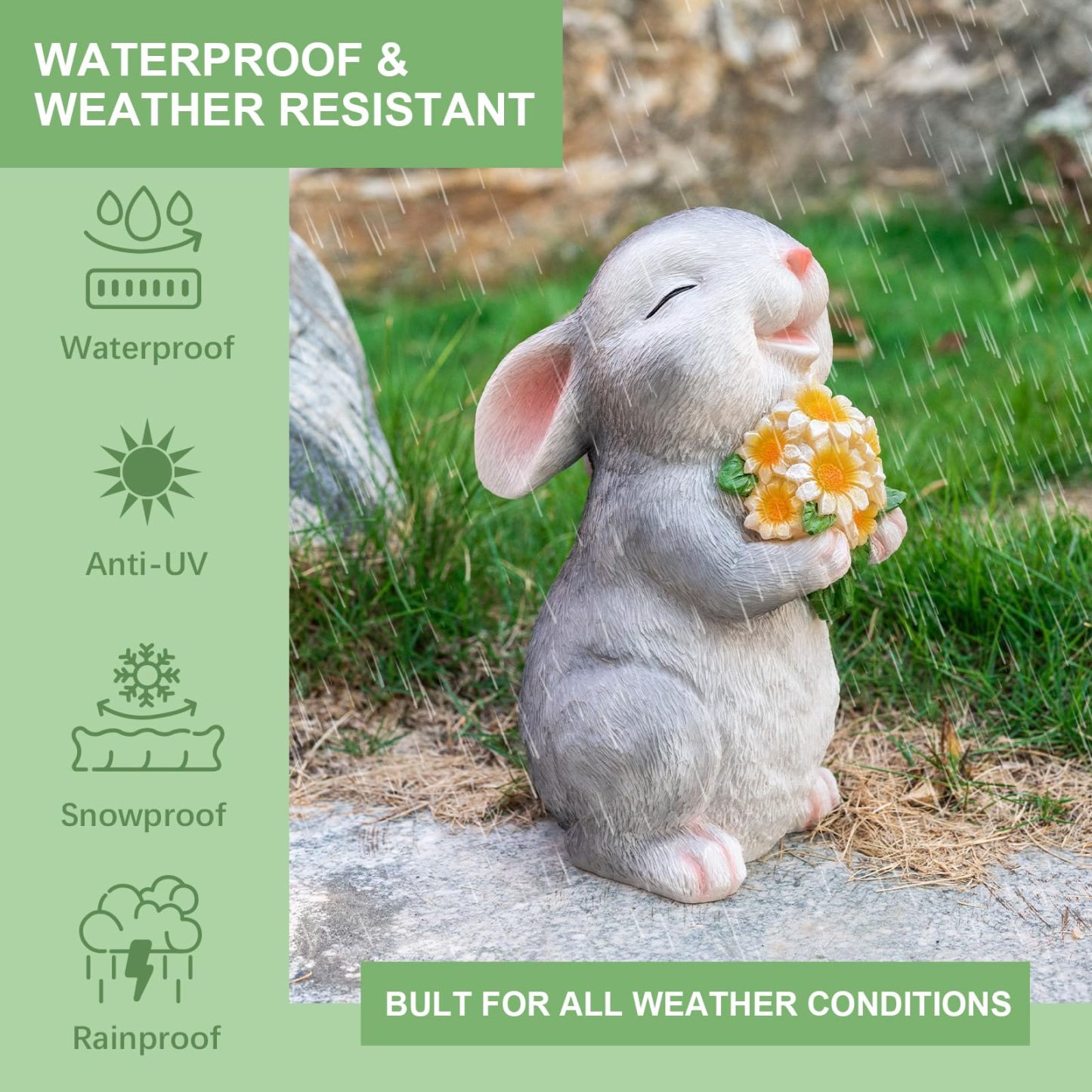 Solar Resin Rabbit Garden Statue with LED Sunflower Light, Outdoor Bunny Figurine Decor for Porch, Patio, Lawn & Yard, Perfect Gardening Gift for Mom, Women on Mother’s Day, Birthday & Christmas