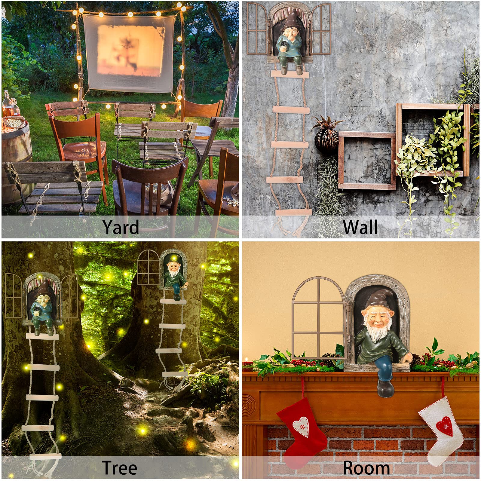 4Pcs Rustic Tree Hugger Gnomes Outdoor Decor, Resin Elf Fairy Tree Face Figurines with Hanging Ladder, Tree Hugging Ornaments for Patio Yard Lawn Garden