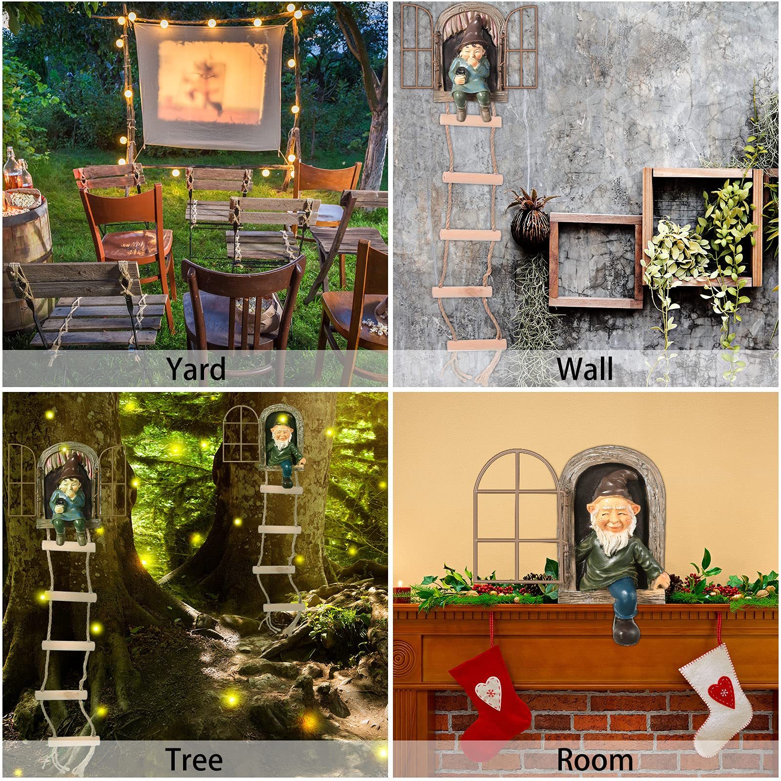 4Pcs Rustic Tree Hugger Gnomes Outdoor Decor, Resin Elf Fairy Tree Face Figurines with Hanging Ladder, Tree Hugging Ornaments for Patio Yard Lawn Garden