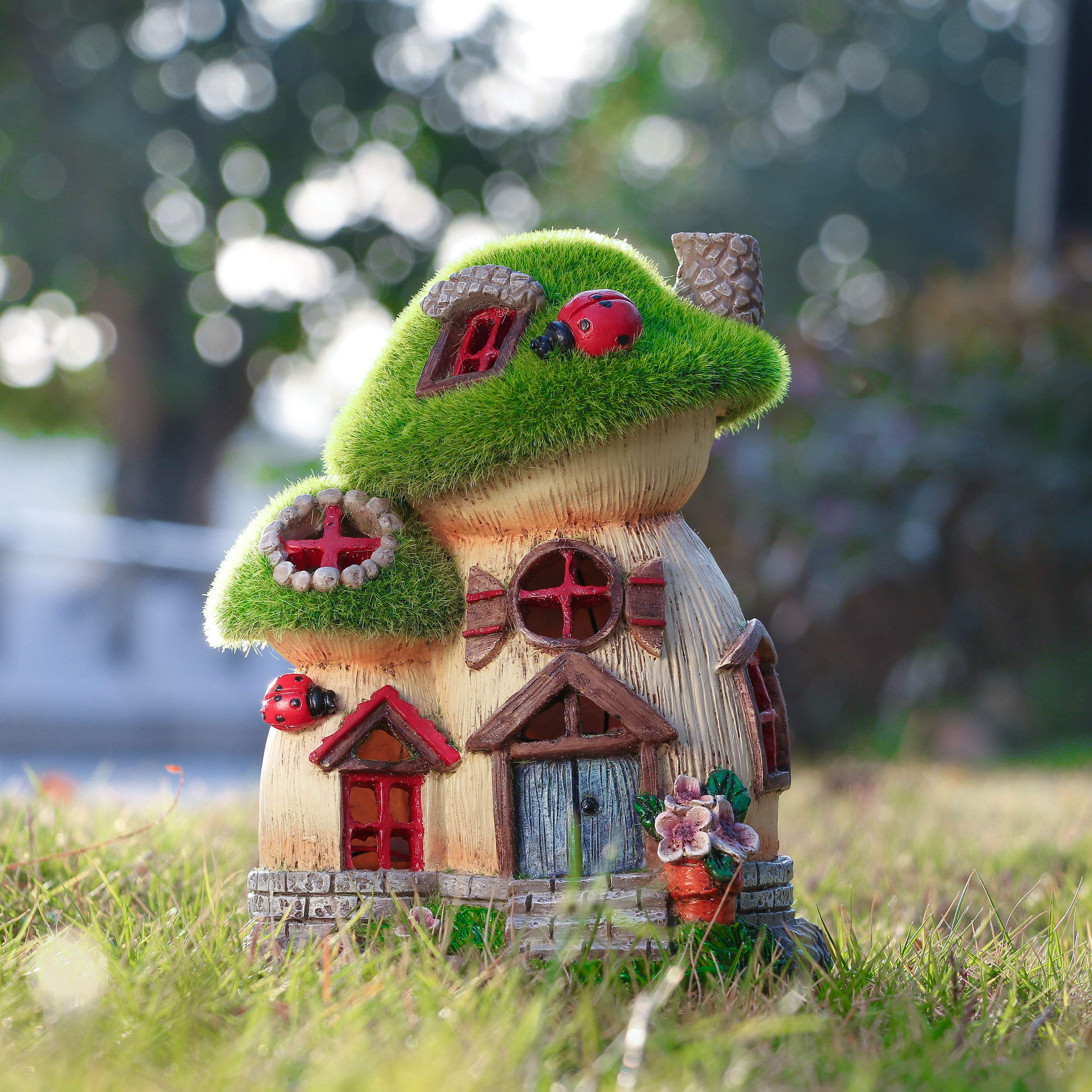 Solar Mushroom Fairy House Garden Statue, Green Flocked Resin Outdoor Decor with LED Light, Yard Patio Ornament & Gardening Gift for Mom, Women