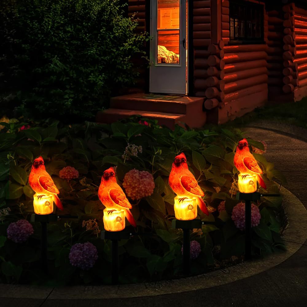 Solar Red Bird Memorial Stake Light, Outdoor Garden Patio Yard Art Statue, Rustic Lawn Ornament, Sympathy Gift for Mom, Grandma & Women
