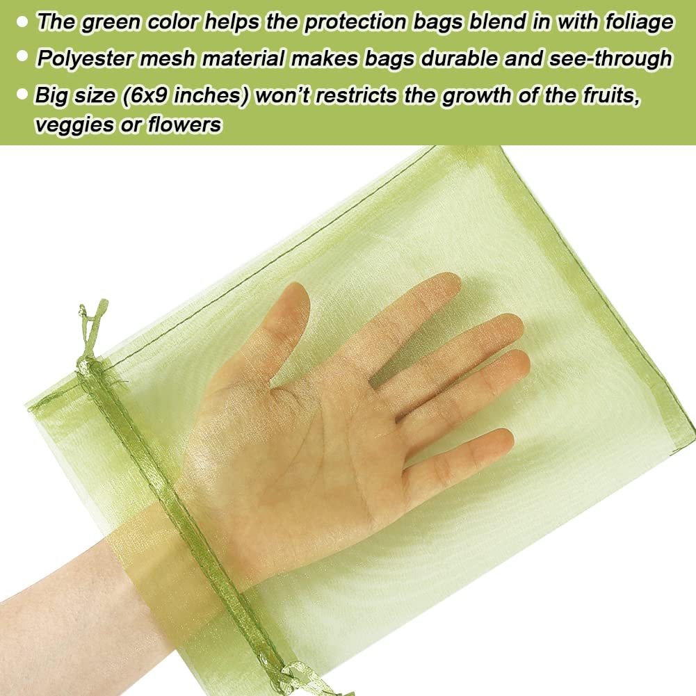 100Pcs Drawstring Fruit Protection Bags, 6x9 Inch Green Mesh Pest Barrier Covers, Protective Net Bags for Tomatoes, Mango Trees, Vegetables and Garden Plants