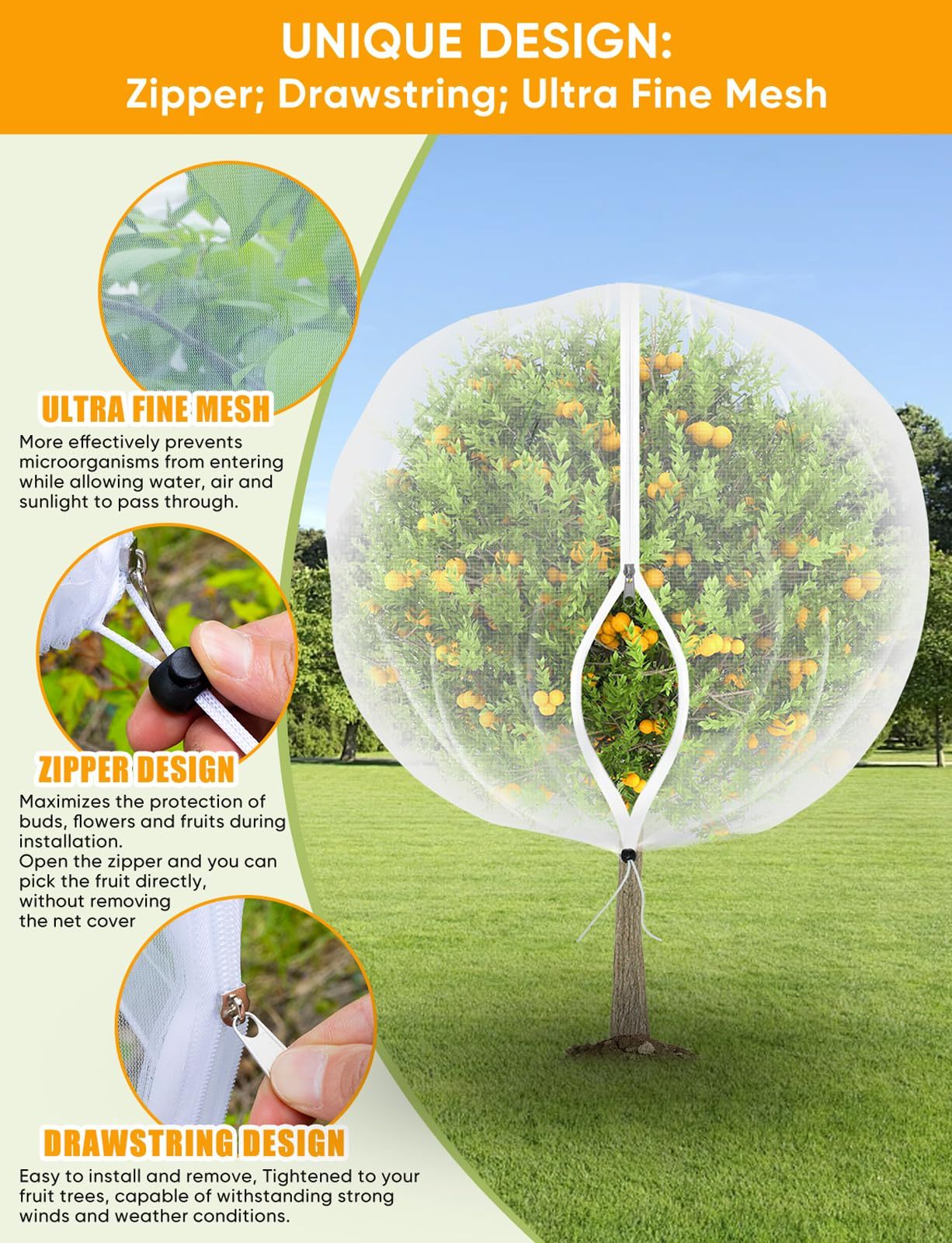 2 Pack 6x5.3FT Fruit Tree Protection Netting with Zipper & Drawstring, Breathable Pest Barrier Cover Against Cicadas, Birds & Insects for Apple, Cherry Trees, Blueberry Bushes and Tomatoes