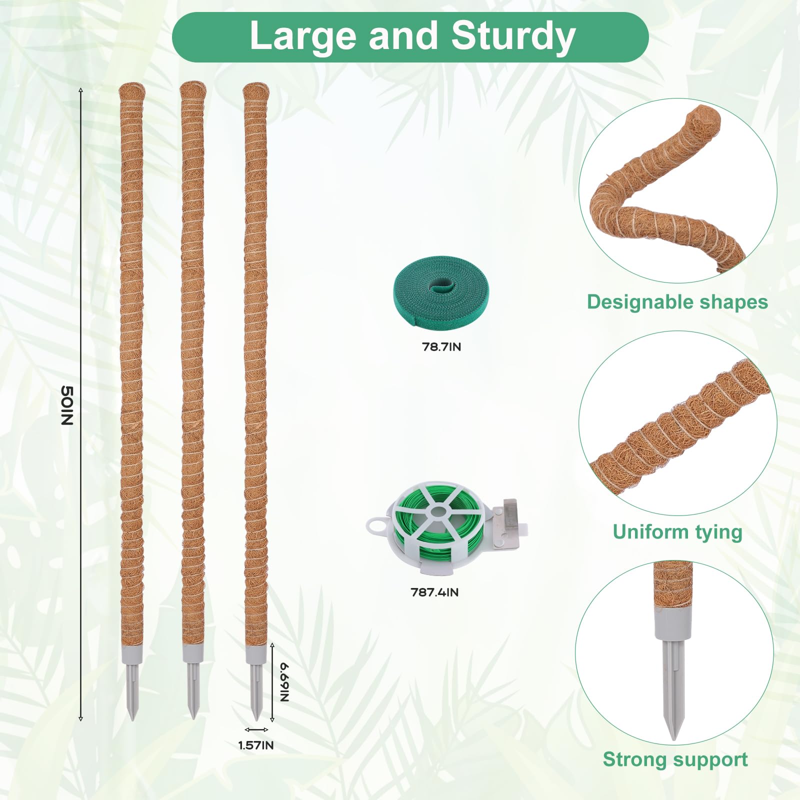 3 Pack 50 Inch Tall Coco Coir Moss Poles, Sturdy Climbing Plant Support Stakes for Monstera, Pothos, Philodendron and Indoor Tropical Plants
