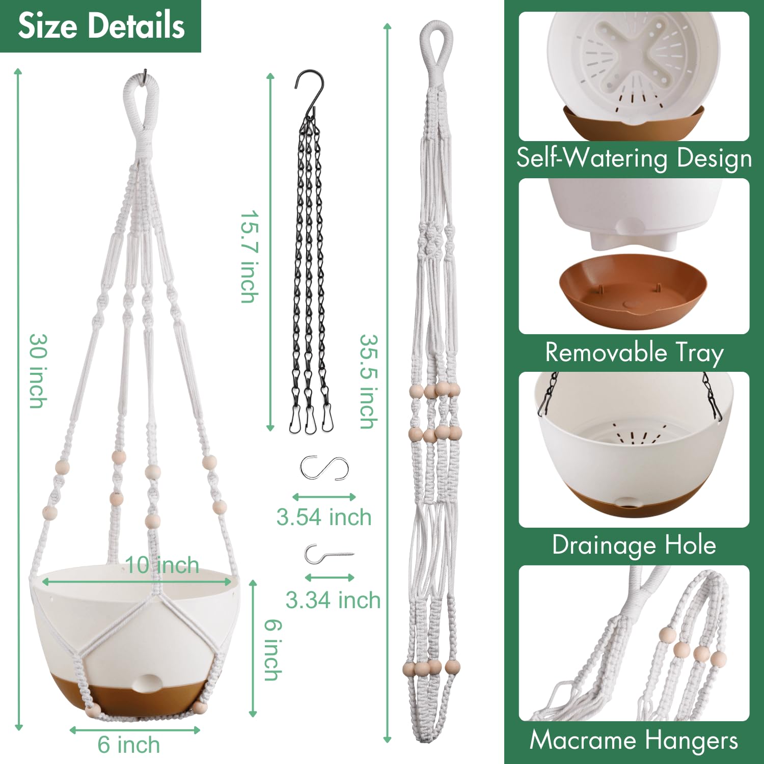 Set of 2 Pcs 10 Inch Self-Watering Hanging Planters, White Hanging Plant Pots with Drainage Hole, Outdoor Indoor Plant Baskets with 2 Types of Hangers