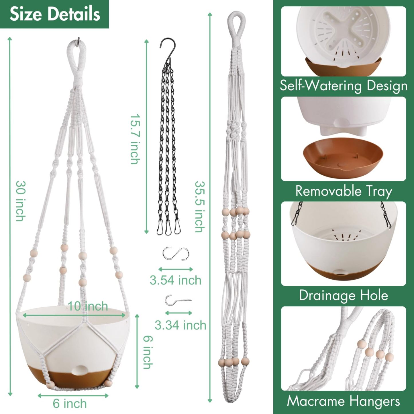 Set of 2 Pcs 10 Inch Self-Watering Hanging Planters, White Hanging Plant Pots with Drainage Hole, Outdoor Indoor Plant Baskets with 2 Types of Hangers