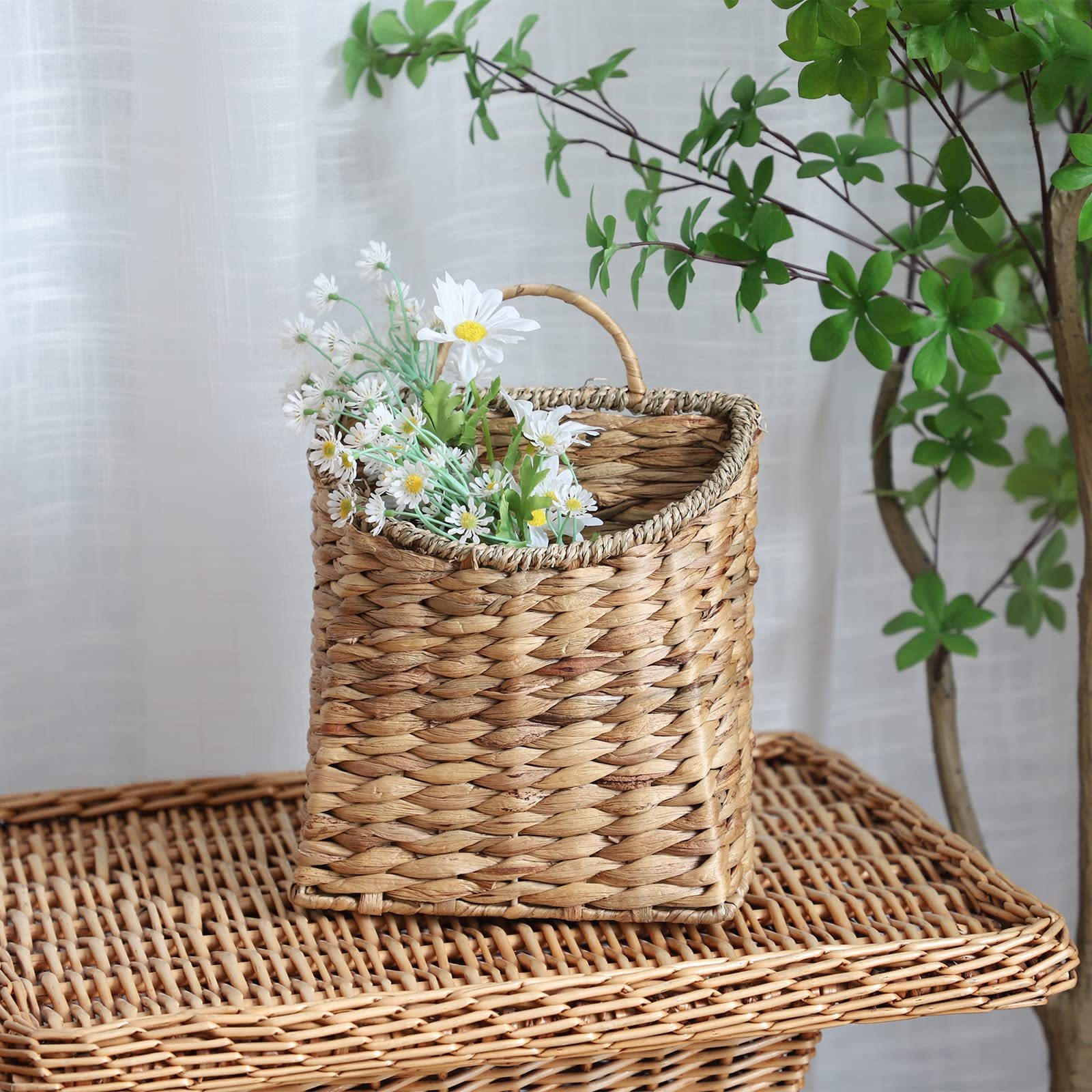 Water Hyacinth Woven Hanging Basket, Seagrass Mouth Handwoven Wicker Wall Basket, Rustic Farmhouse Home Garden Decor