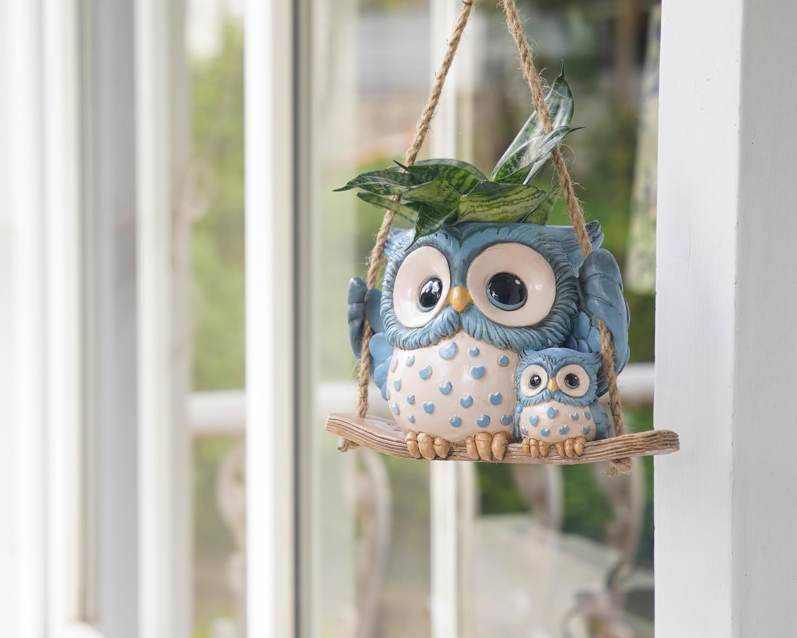 Cute Swing Owl Hanging Planters, Resin Hanging Plant Pots with Drainage Hole, Small Succulent Planter for Indoor Outdoor, Unique Plant Hanger for String of Pearls, Mother's Day Gift