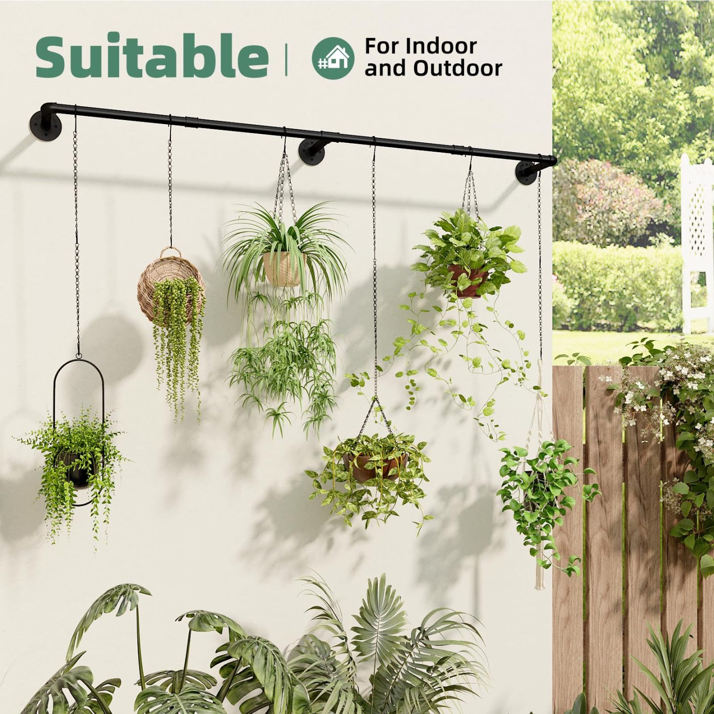 Galood Metal Plant Hanger with 6 Hanging Chains, Adjustable Window Plant Rod, Black Hanging Plant Shelf for Indoor Plants, 70.8 Inch, Planter Pot Not Included