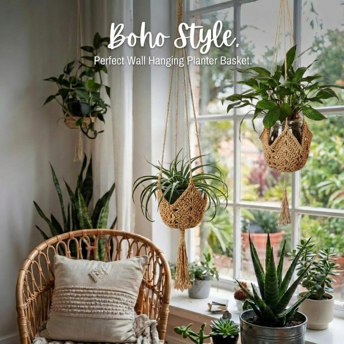 2 Pack Jute Crochet Plant Hanger, Long Macrame Plant Holder Rope with S-Hooks, Fits 3–12 Inch Pots, Boho Wall Hanging Decor for Halloween & Home