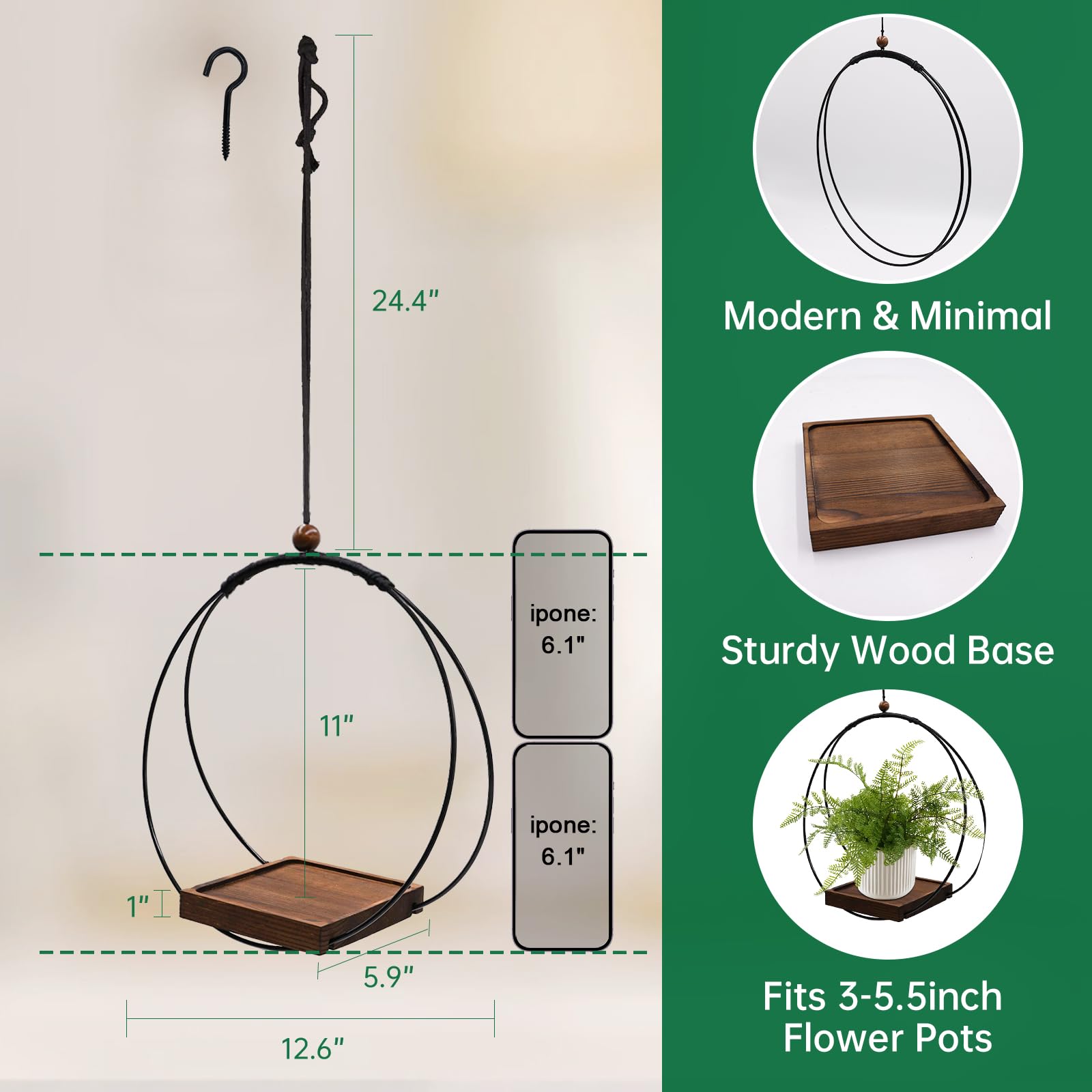 Modern Boho Macrame Plant Hanger, Black Indoor Hanging Planter with Sturdy Wood Base, Wall Ceiling Window Plant Holder for 3–5.5 Inch Pots, Home Decor, Pot Not Included