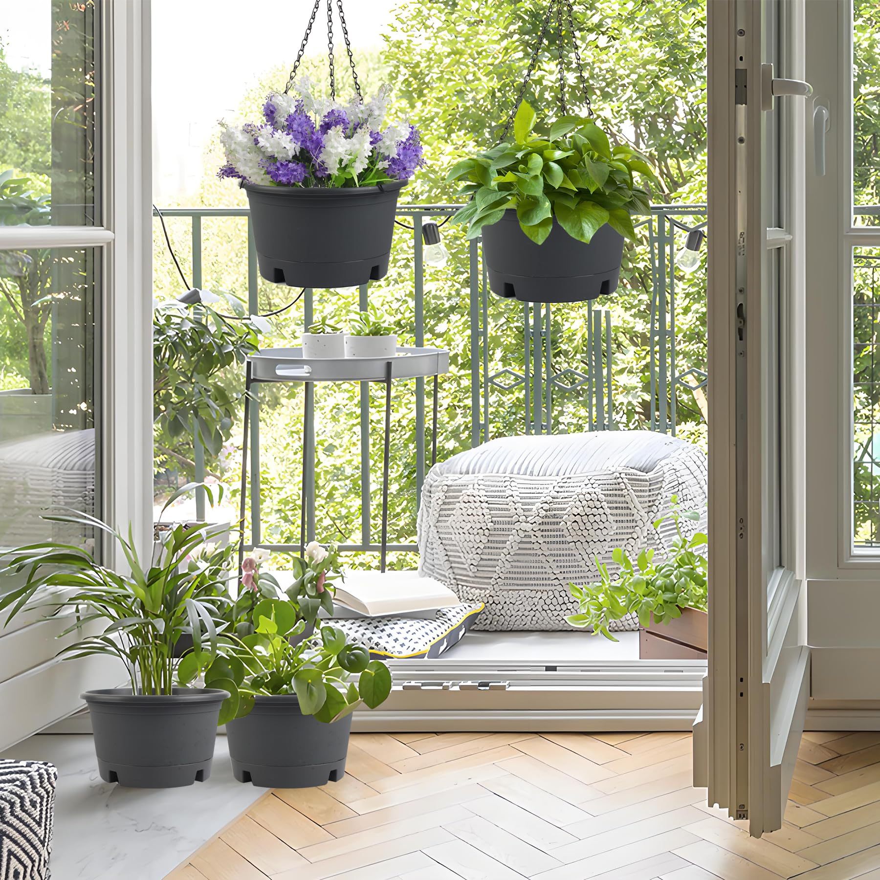 4 Pack 10 Inch Hanging Planters, Round Plastic Hanging Baskets with Removable Tray and 15.7 Inch Metal Chain, Indoor Outdoor Hanging Flower Pots for Garden Porch Balcony Patio Decor