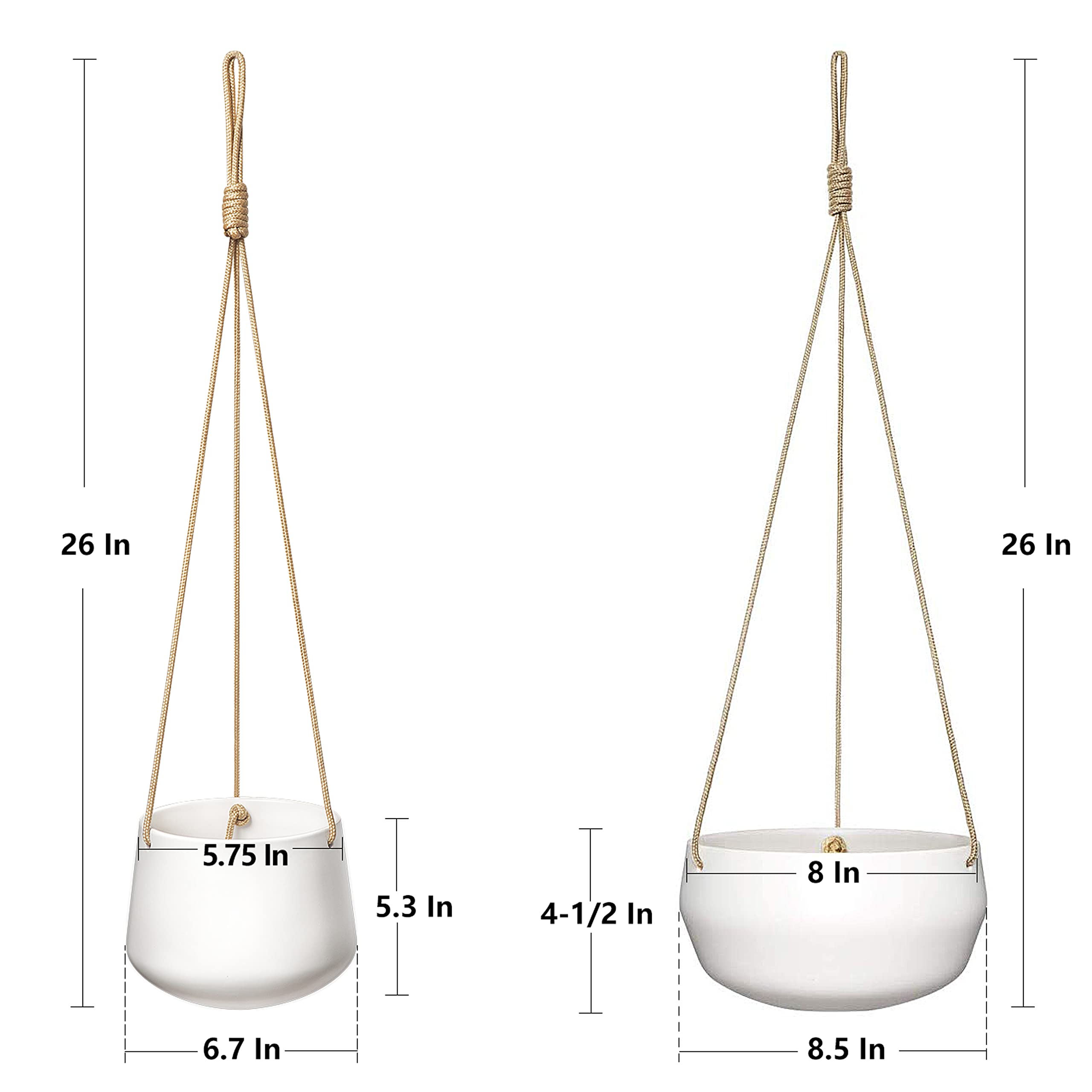 Set of 2 Ceramic Hanging Planters, Modern Geometric Porcelain Hanging Basket, 8 Inch Shallow & 6 Inch Deep Plant Pot with Polyester Rope Hanger for Indoor Outdoor Plants