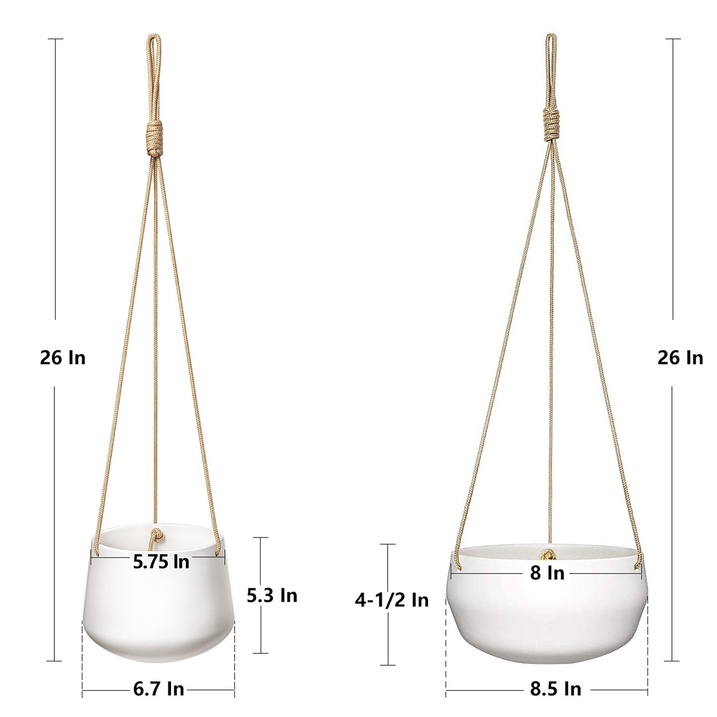 Set of 2 Ceramic Hanging Planters, Modern Geometric Porcelain Hanging Basket, 8 Inch Shallow & 6 Inch Deep Plant Pot with Polyester Rope Hanger for Indoor Outdoor Plants