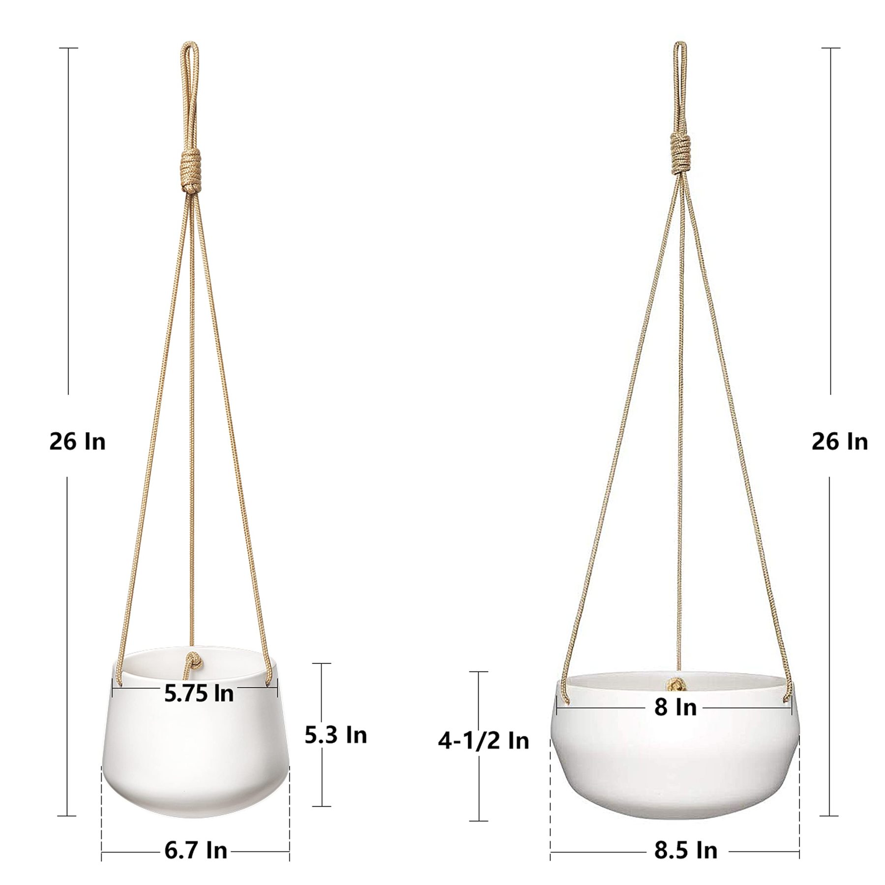 Set of 2 Ceramic Hanging Planters, Modern Geometric Porcelain Hanging Basket, 8 Inch Shallow & 6 Inch Deep Plant Pot with Polyester Rope Hanger for Indoor Outdoor Plants