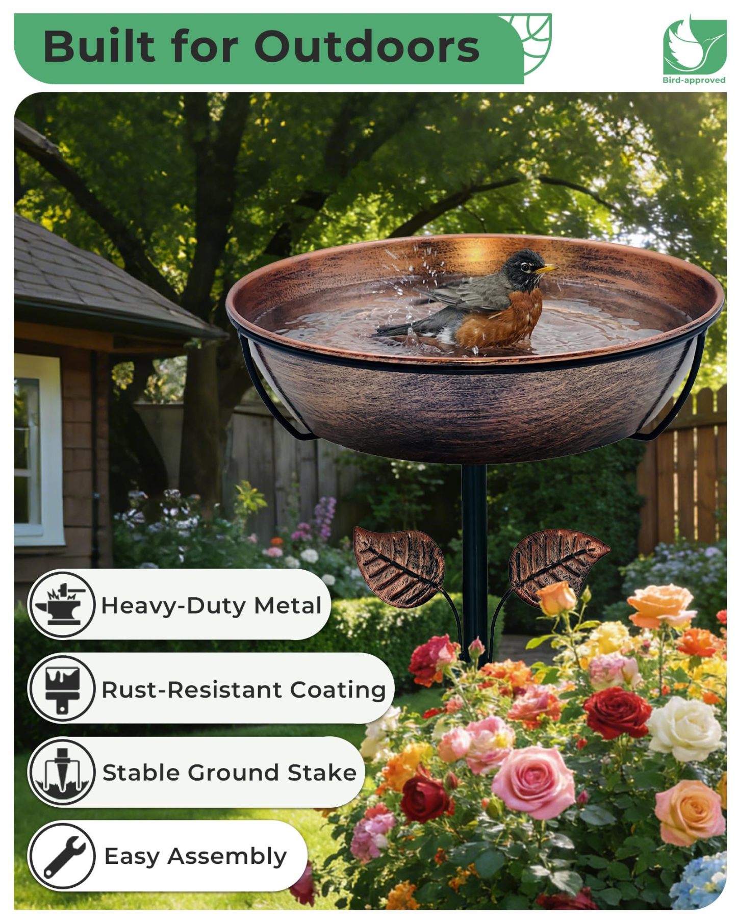 13" Dia 3" Deep Metal Bird Bath for Outdoors, Removable Bowl with Stable Upgrades Stake, 1.4 Gallon Easy Clean Birdbath for Garden Yard Lawn Decoration
