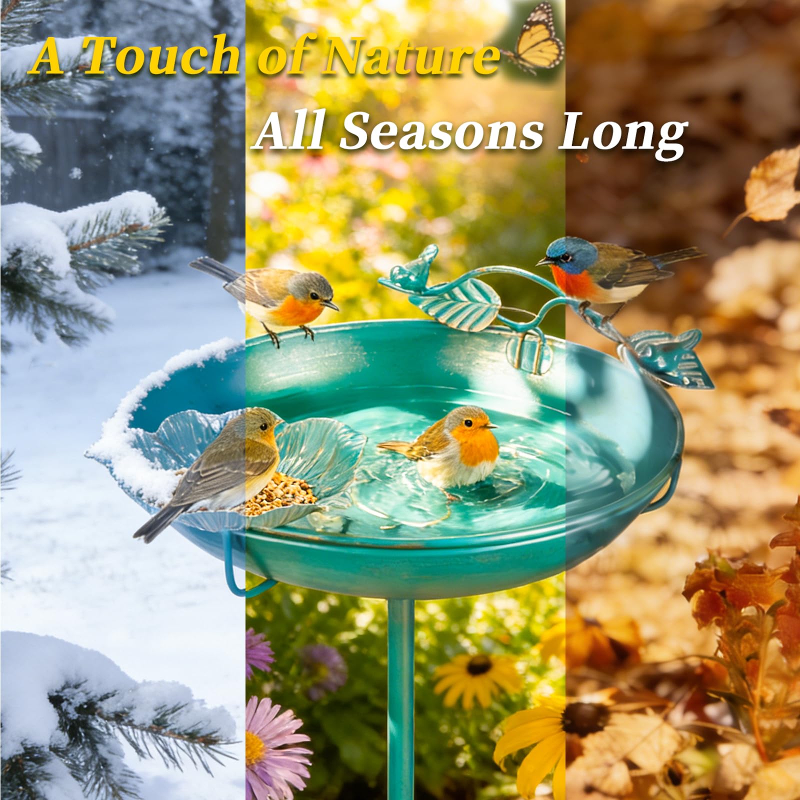 Lake Blue Gold Gilding Metal Bird Bath, 12" Diameter 39" Height Freestanding Birdbath with Perch and Feeder Bowl, Multi-Use Outdoor Decoration for Garden Patio Yard Lawn