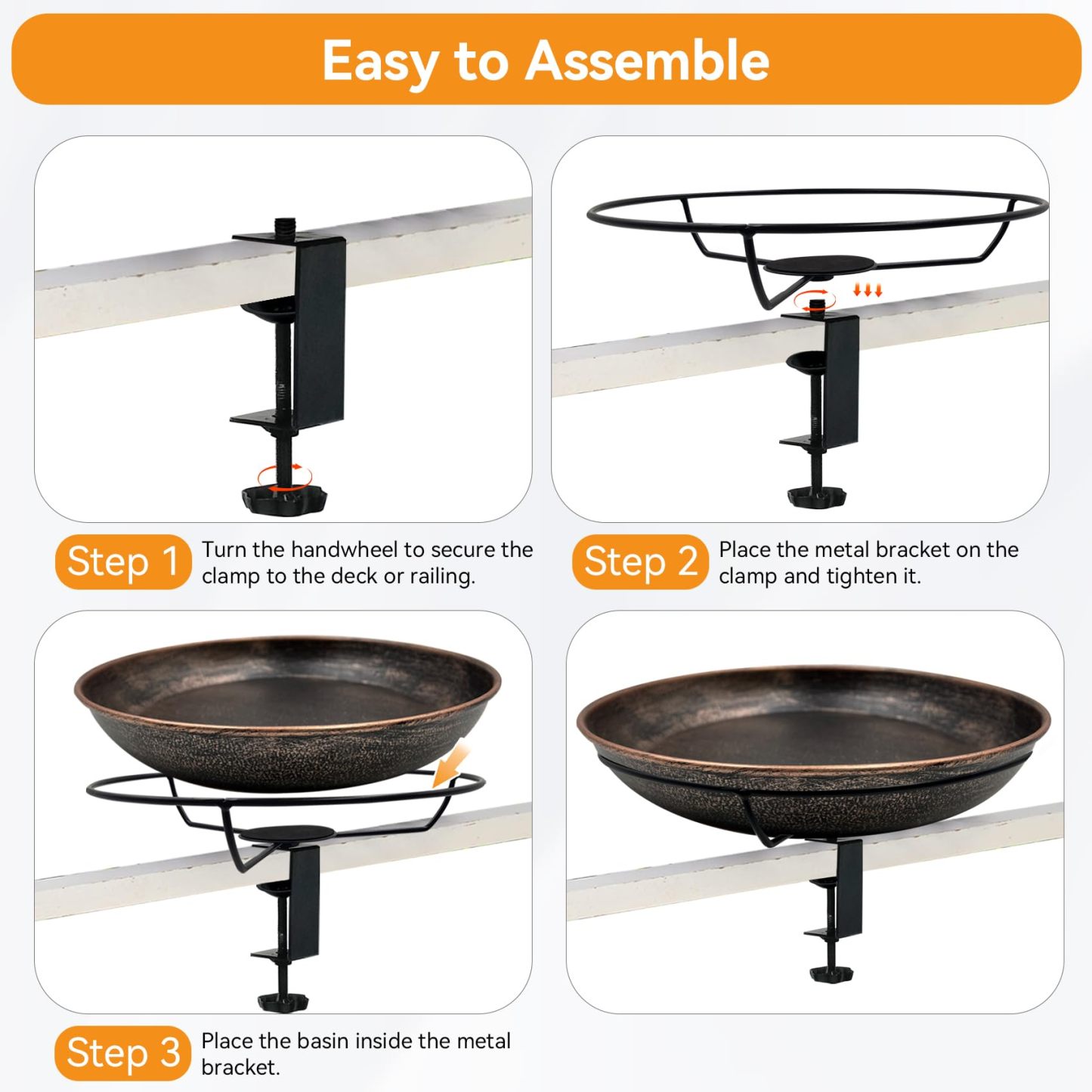Deck Mounted Metal Bird Bath, 12" Detachable Easy Clean Bowl 0.7 Gallon, Adjustable Sturdy Clamp Birdbath for Railing Balcony Fence Outdoor Decor