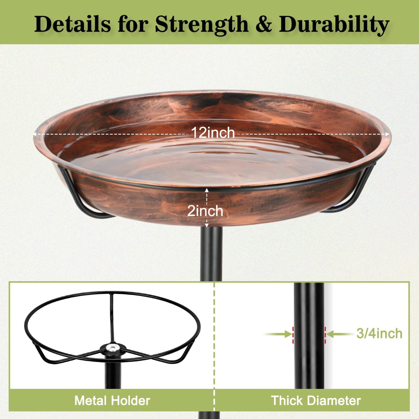 12 Inch Dia Heavy Duty Metal Bird Bath for Outdoors, Garden Bird Bath Bowl Bird Feeder with 5-Pronged Stable Base