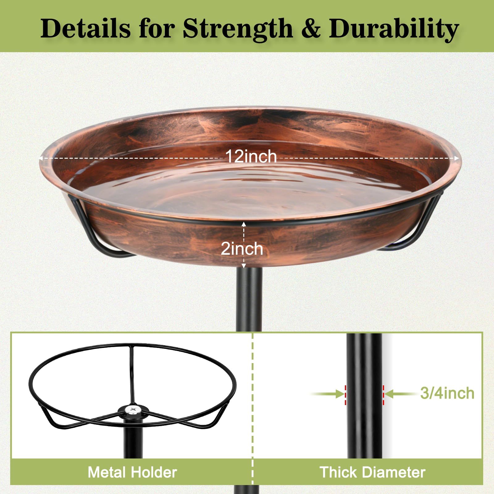 12 Inch Dia Heavy Duty Metal Bird Bath for Outdoors, Garden Bird Bath Bowl Bird Feeder with 5-Pronged Stable Base