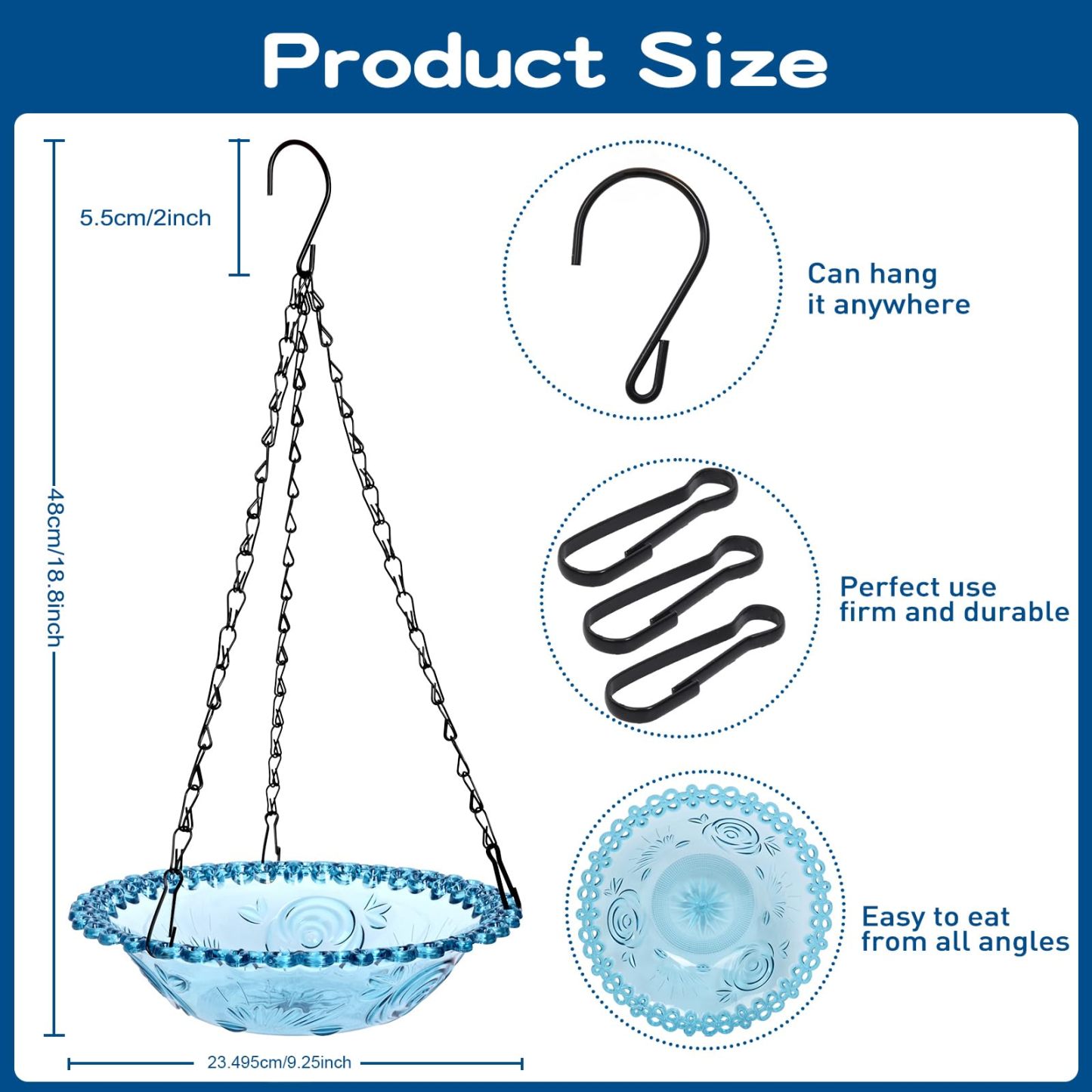 2 Pack Hanging Bird Baths, Blue Plastic Hanging Bird Feeders for Outdoors, Hanging Bird Water Bowl for Garden Yard Decor