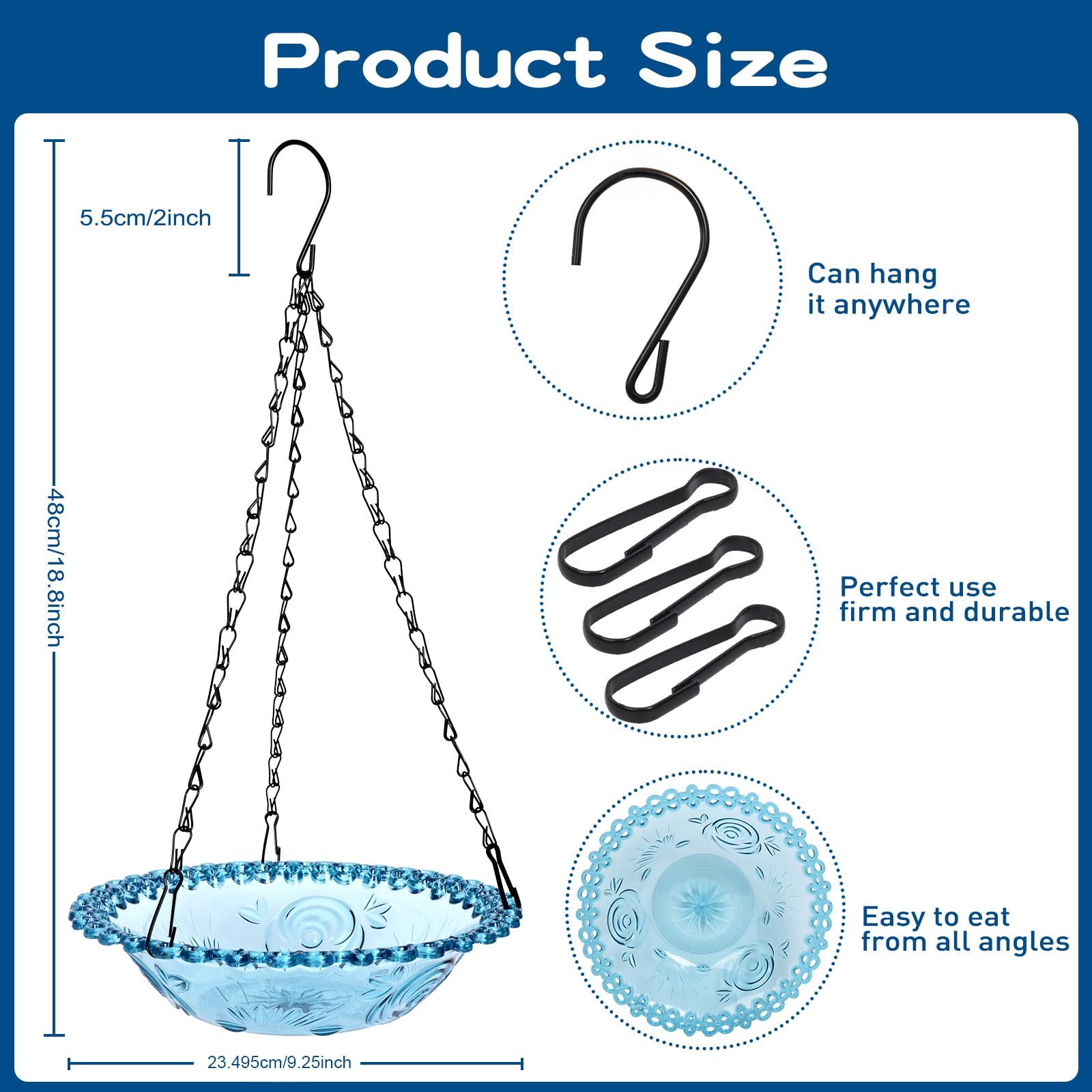 2 Pack Hanging Bird Baths, Blue Plastic Hanging Bird Feeders for Outdoors, Hanging Bird Water Bowl for Garden Yard Decor
