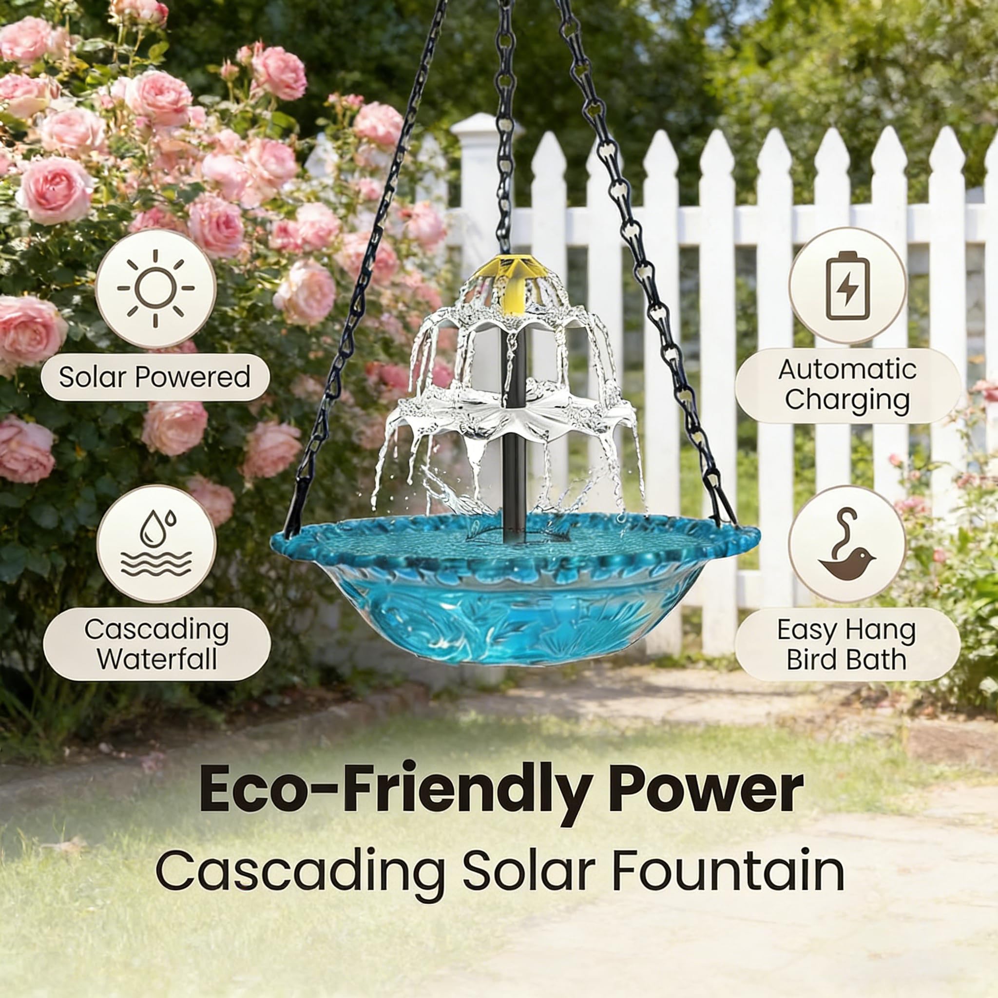 Upgrade 3-Layer Hanging Solar Bird Bath Fountain, Solar Powered Cascading Water Fountain, Outdoor Hummingbird Bath for Garden Yard Patio Backyard Lawn Decor