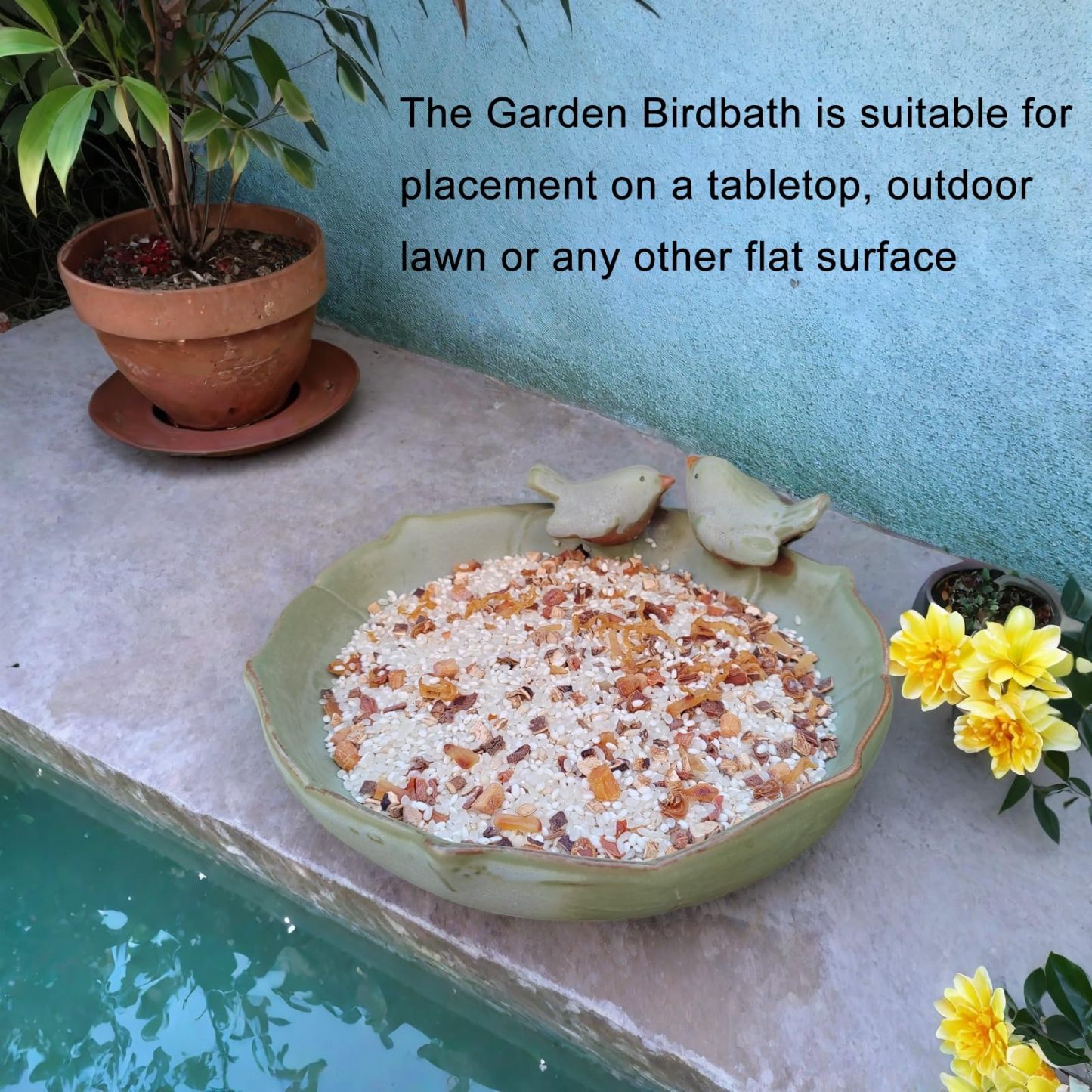 9.45 Inch Ceramic Bird Bath Bowl, Ground Mount Outdoor Bird Bath Feeder for Garden, Tabletop, Deck, Balcony & Lawn