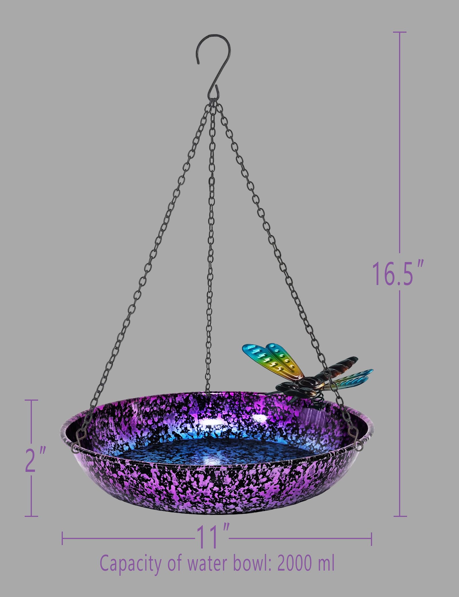 11 Inch Hanging Metal Bird Bath, Colorful Purple & Blue Bird Bath Bowl with Rust-Proof Black Chain, Dragonfly Yard Art Decor for Outdoor Garden