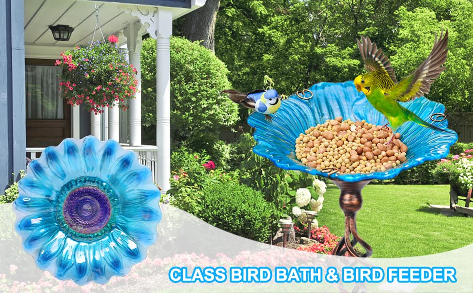 Solar Glass Blue Bird Bath with White LED Light, Metal Stake Yard Art Decor, Outdoor Garden Birdbath Decoration Gift