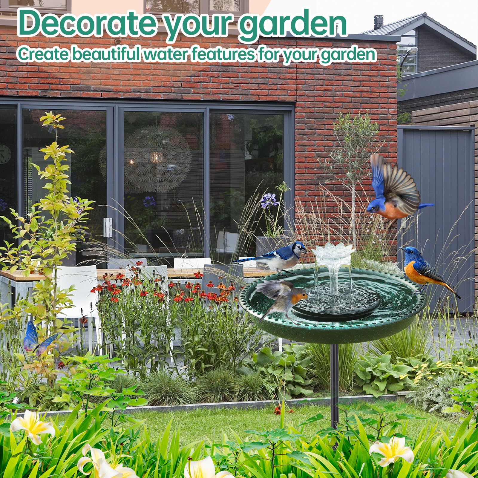 Solar Powered Bird Bath Fountain for Hummingbirds, Plastic Outdoor Birdbath with 5-Prong Base Stake, Stylish Stable Design for Lawn Patio Yard Garden