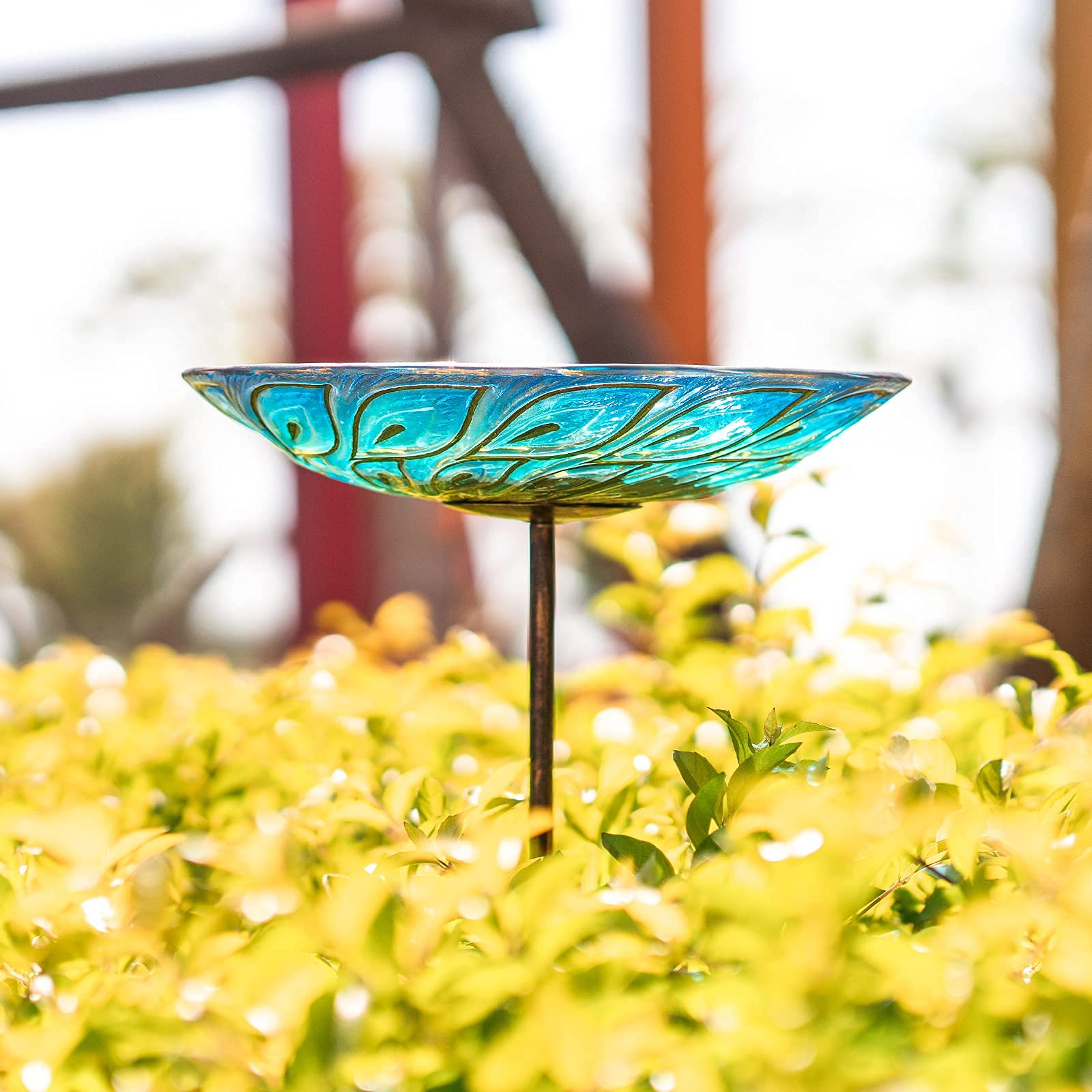 Peacock Glass Bird Bath, Outdoor Garden Bird Bath Birdfeeder with Metal Stake