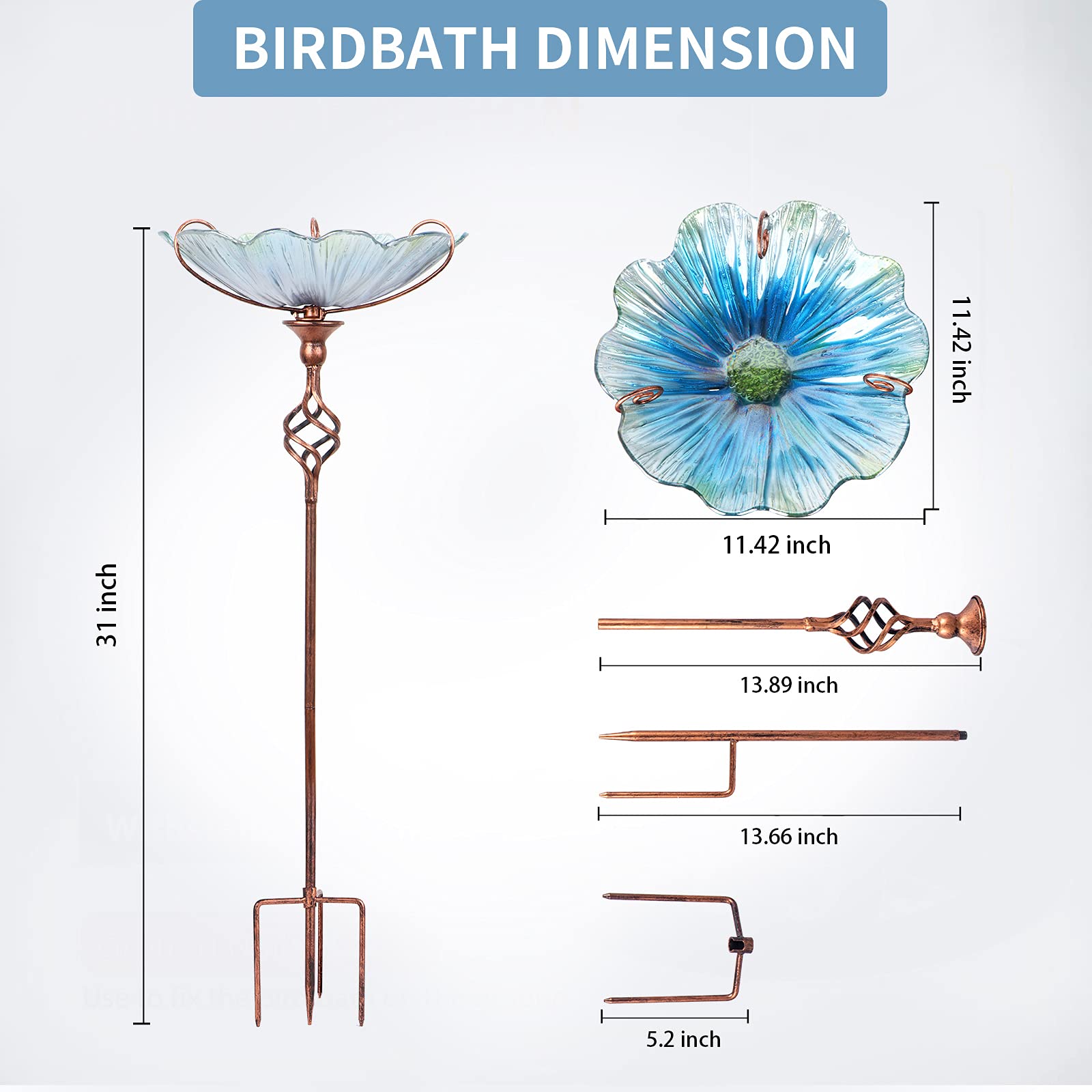 31 Inch Height Glass Birdbath Bird Feeder with Metal Stake, Blue Outdoor Garden Yard Decor