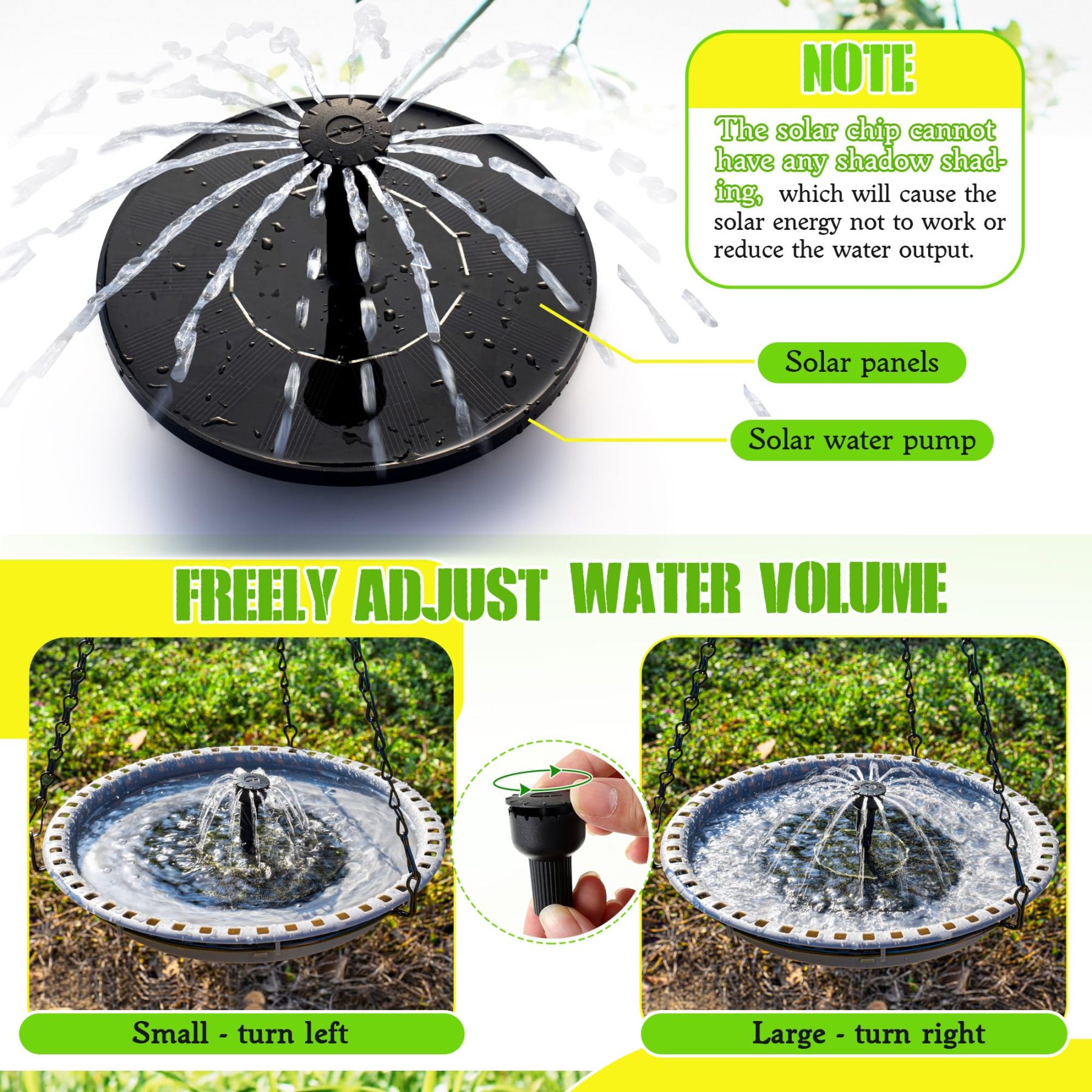 Hanging Solar Bird Bath Fountain, Solar Powered Hummingbird Water Fountain Pump Set with 4 Water Patterns for Garden Yard Patio Lawn
