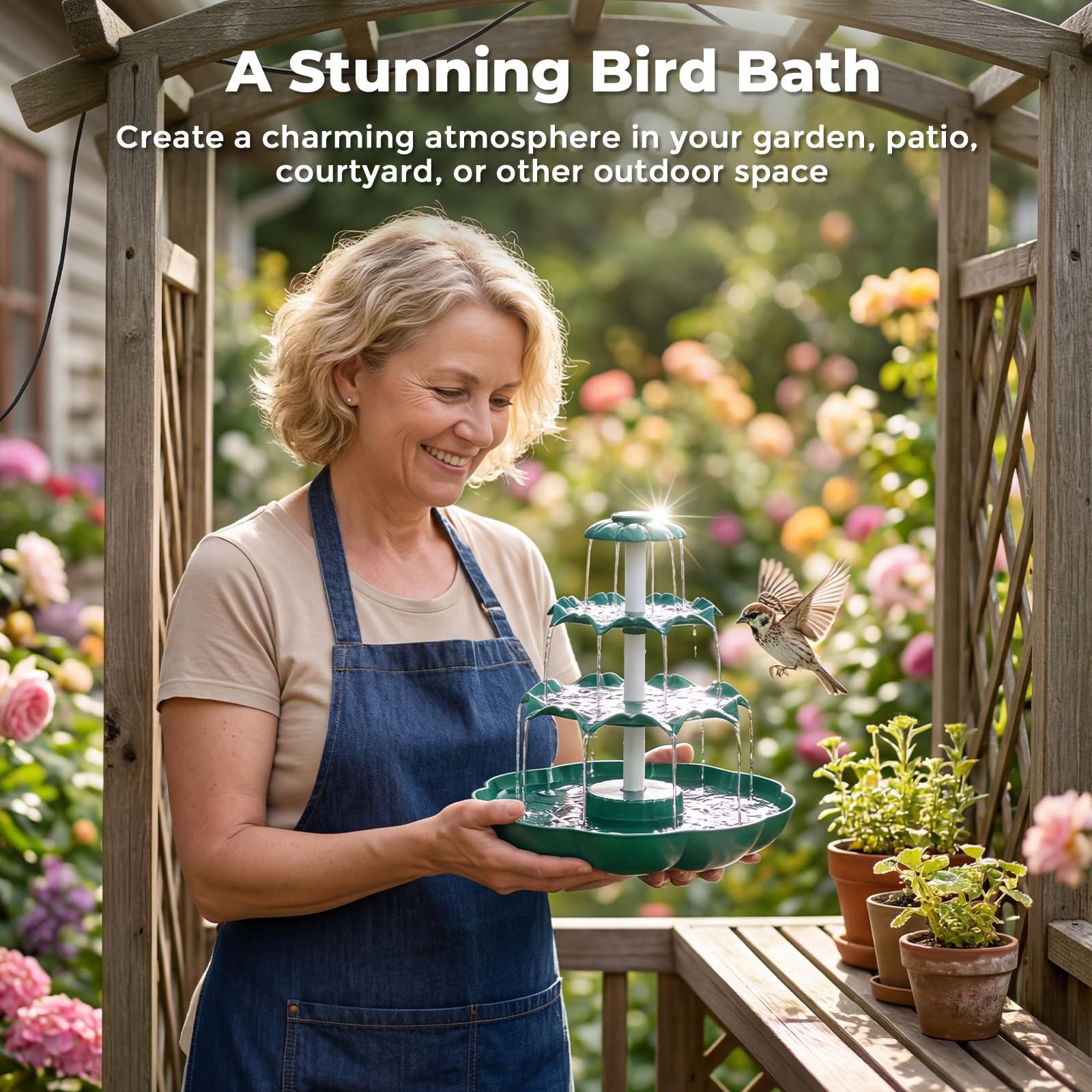 6.5W Solar Bird Bath Fountain, 3-Tiered Waterfall with 9 Water Streams, Detachable Solar Pump Resin Garden Bird Feeder Decor for Outdoor Yard Lawn