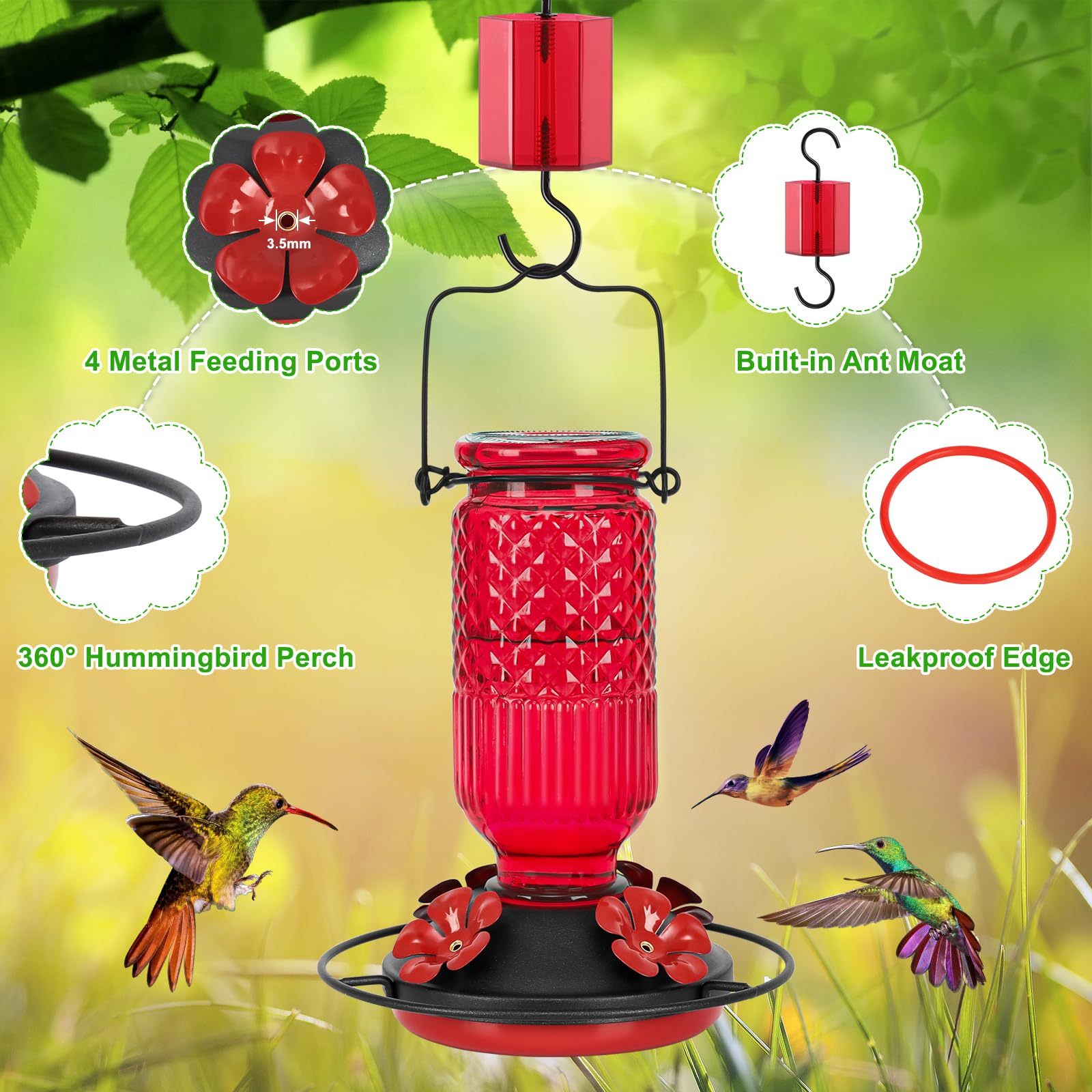 16oz Glass Hummingbird Feeder, Hanging Bird Feeder with Ant Moat, 4 Bee-Proof Feeding Ports & 360° Perch, Leak-Proof Red Design for Outdoor Garden