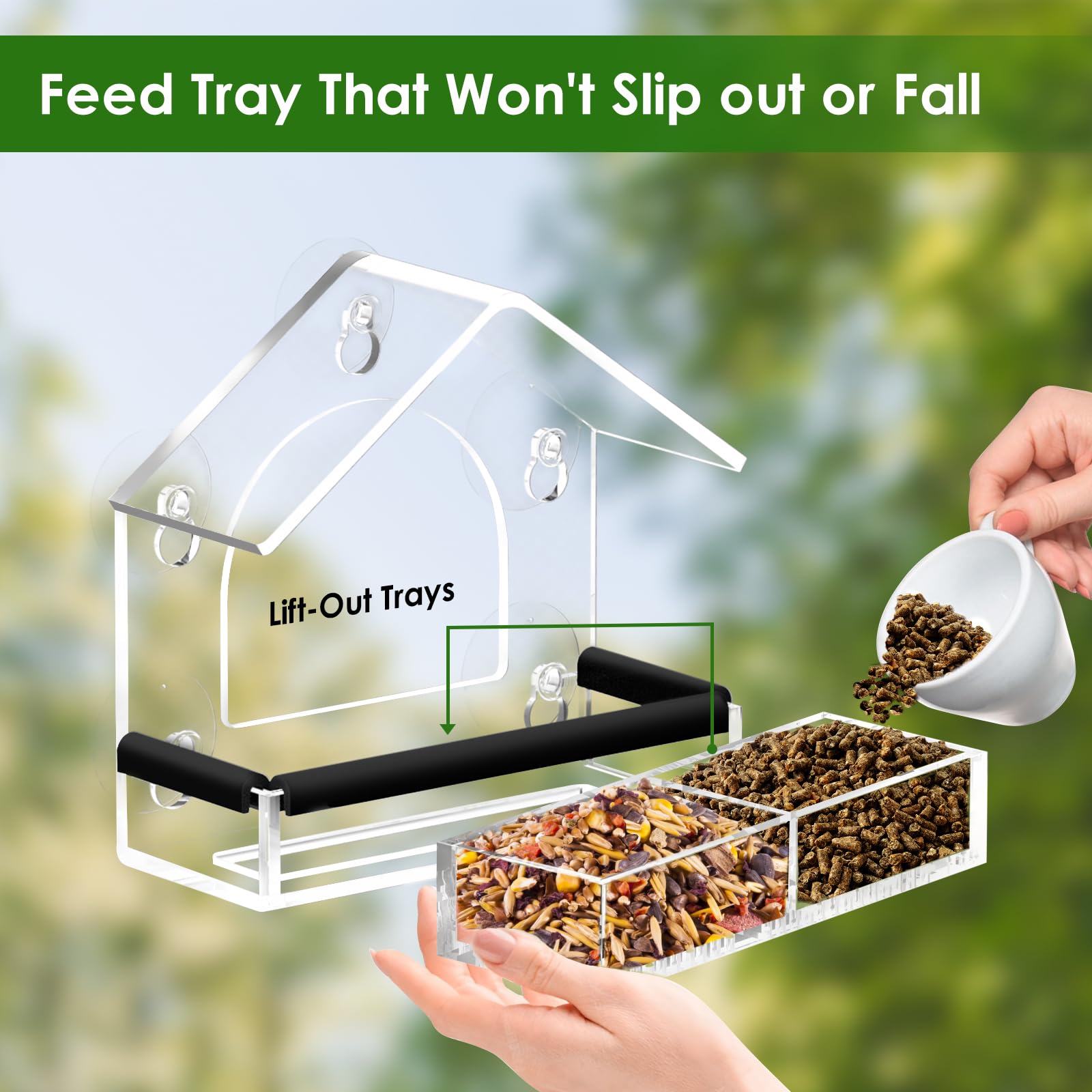 Clear Window Bird Feeder with 5 Extra Strong Suction Cups, Sturdy Acrylic Outdoor Bird Feeder for Wild Bird Watching, Garden Decor & Bird Lover Gift