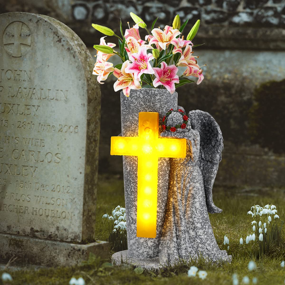Angel Garden Statue with Solar Cross Lights