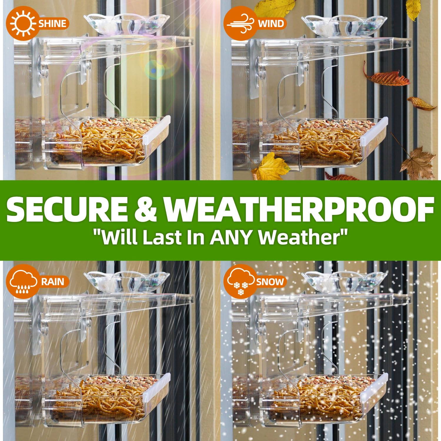 Window Bird Feeder with Non-Marking Self-Adhesive Hooks, Clear Transparent Design for Outdoor Wild Bird Watching & Garden Decor
