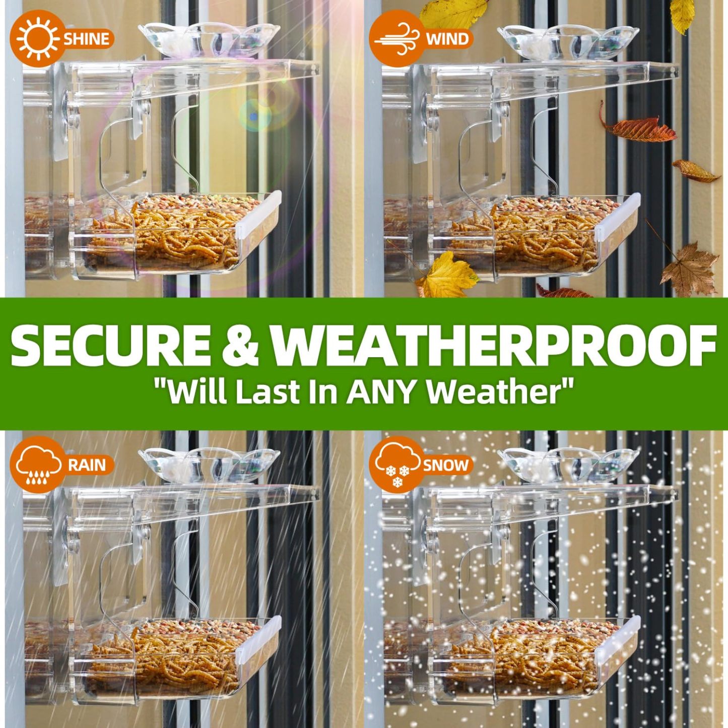 Window Bird Feeder with Non-Marking Self-Adhesive Hooks, Clear Transparent Design for Outdoor Wild Bird Watching & Garden Decor