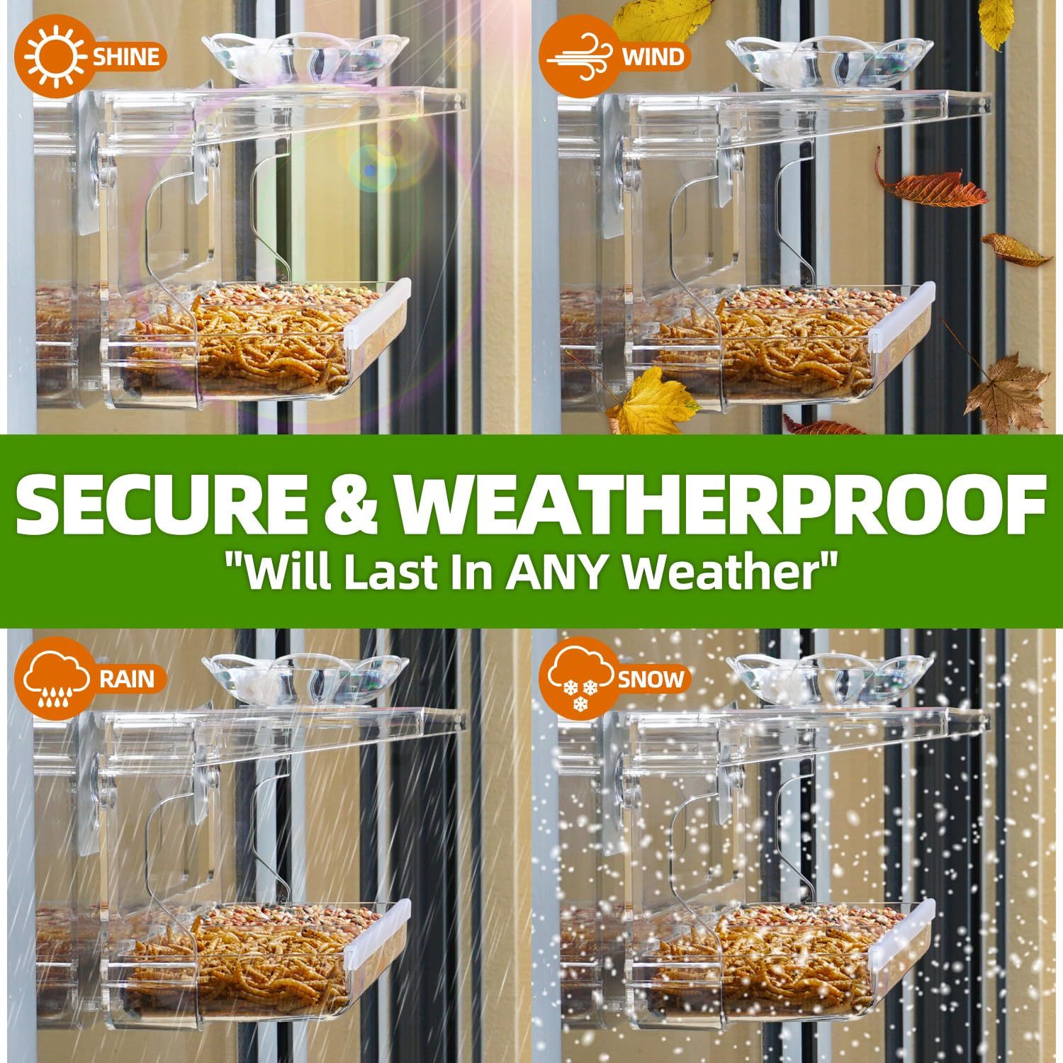 Window Bird Feeder with Non-Marking Self-Adhesive Hooks, Clear Transparent Design for Outdoor Wild Bird Watching & Garden Decor