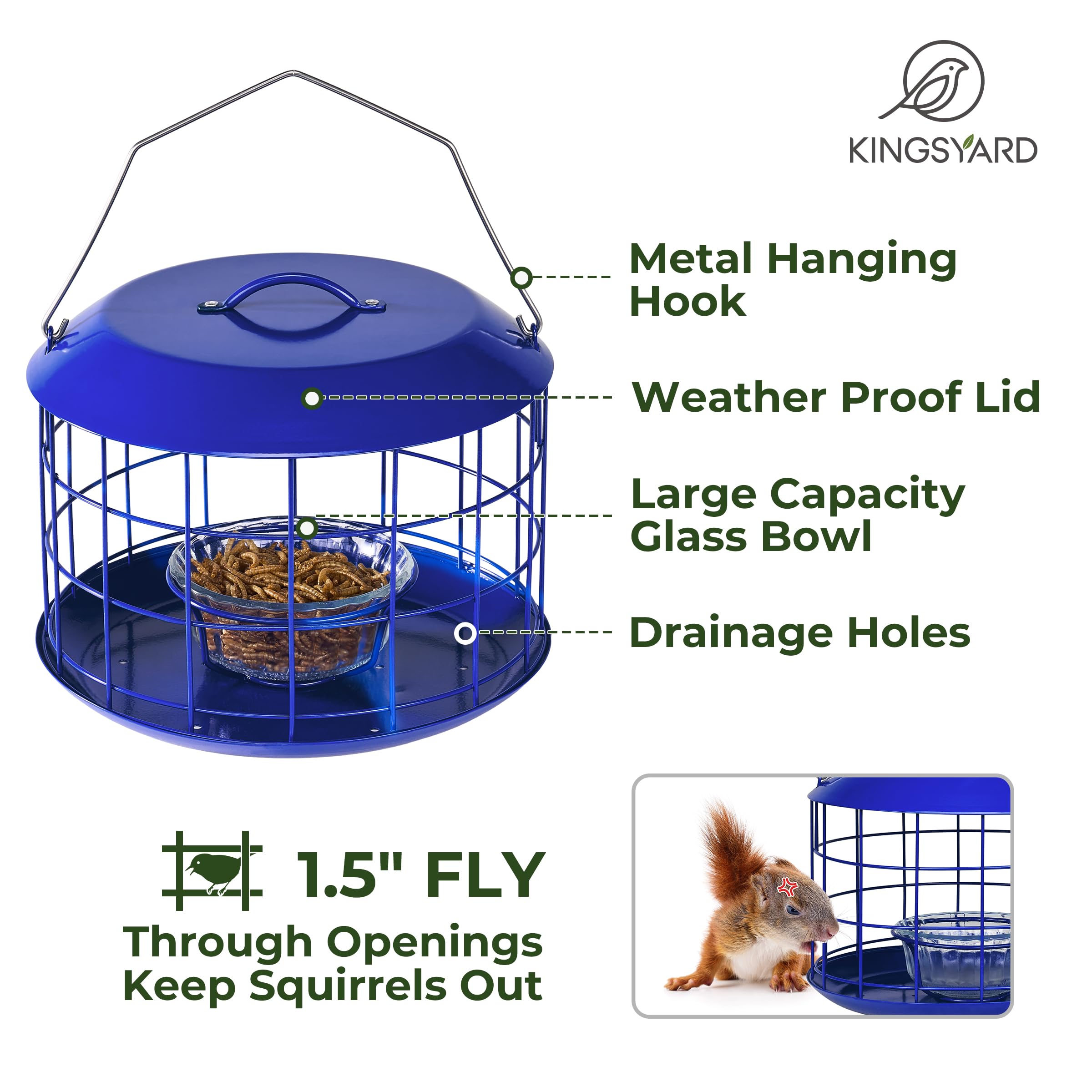 All Metal Bluebird Feeder, Outdoor Hanging Cage Mealworm Bird Feeder with Tray, Squirrel Proof & Weather Resistant, Easy to Refill and Clean