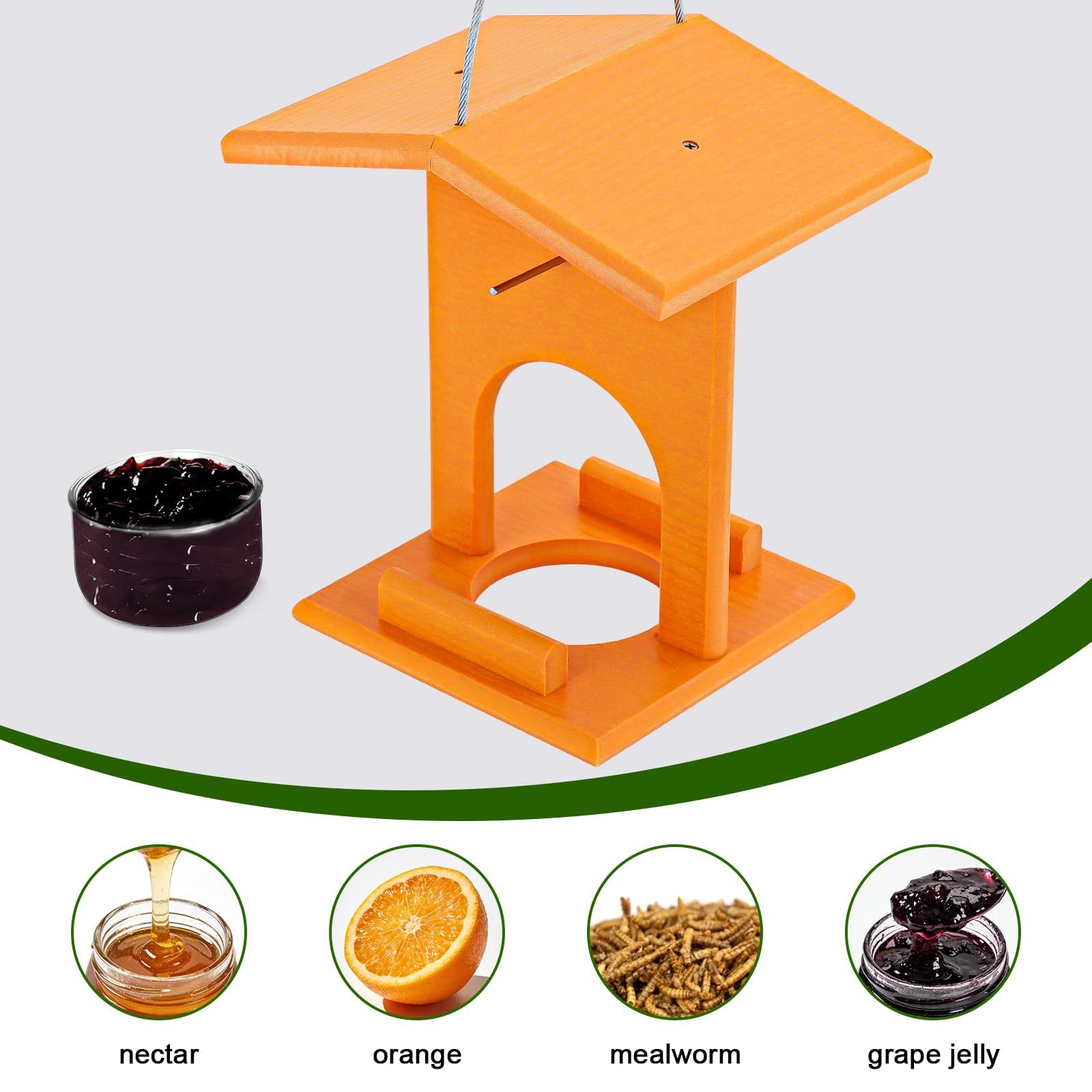 Oriole Feeders for Outdoors Hanging, All-in-One Recycled Plastic Oriole Feeder with Removable Glass Cup, for Jelly Jam Fruit Nectar Seed Feeding, Orange, 1 Pack