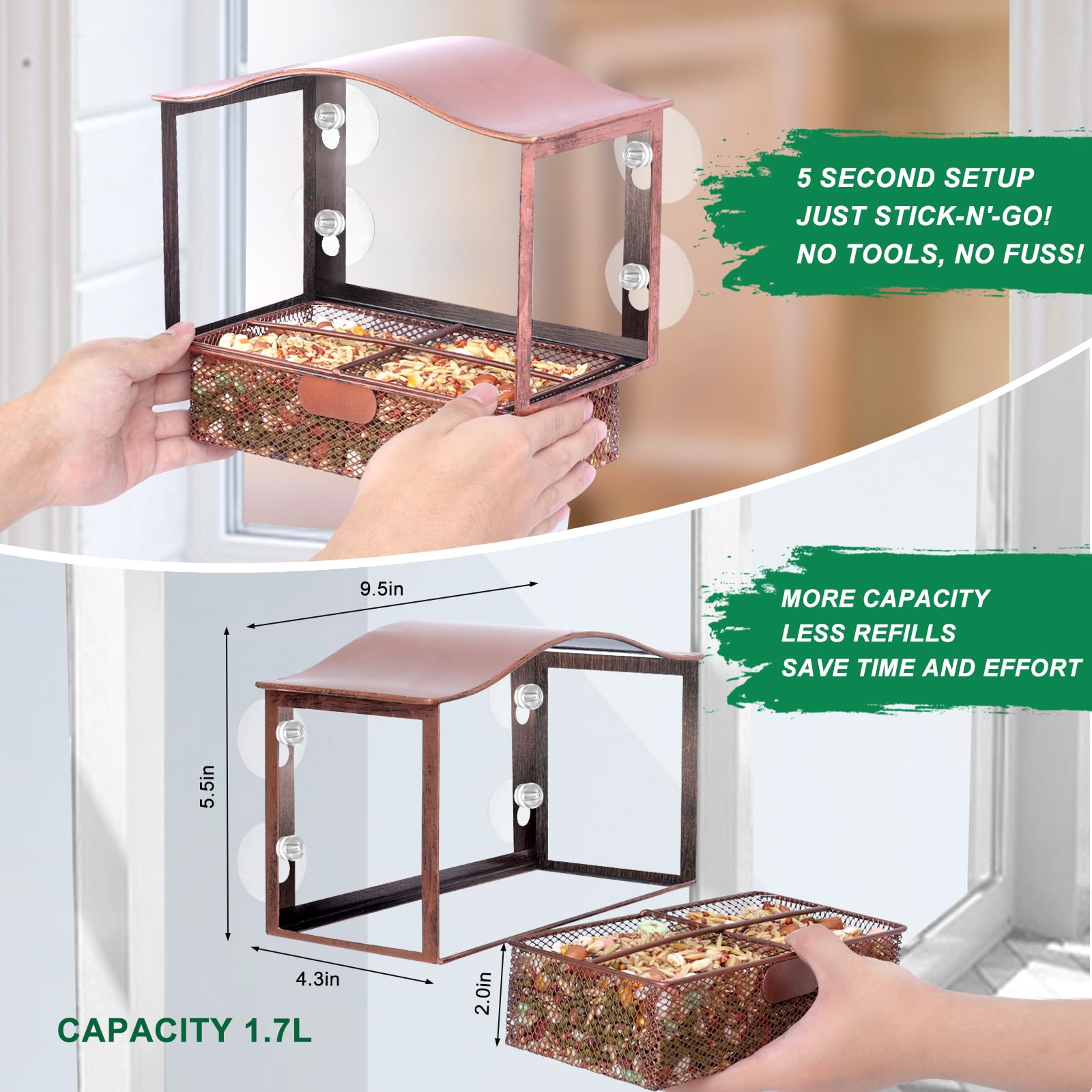 Window Mount Metal Bird Feeder with Wide View, Strong Suction Cups Outdoor Wild Bird Feeder for Bird Watching & Gifts