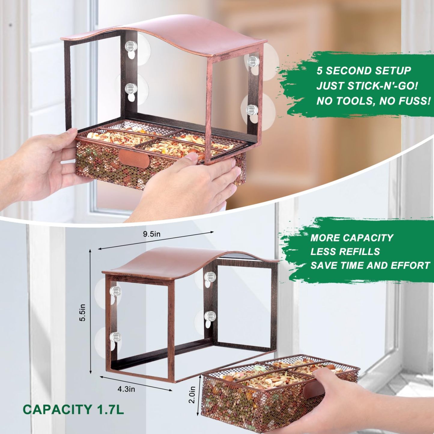 Window Mount Metal Bird Feeder with Wide View, Strong Suction Cups Outdoor Wild Bird Feeder for Bird Watching & Gifts