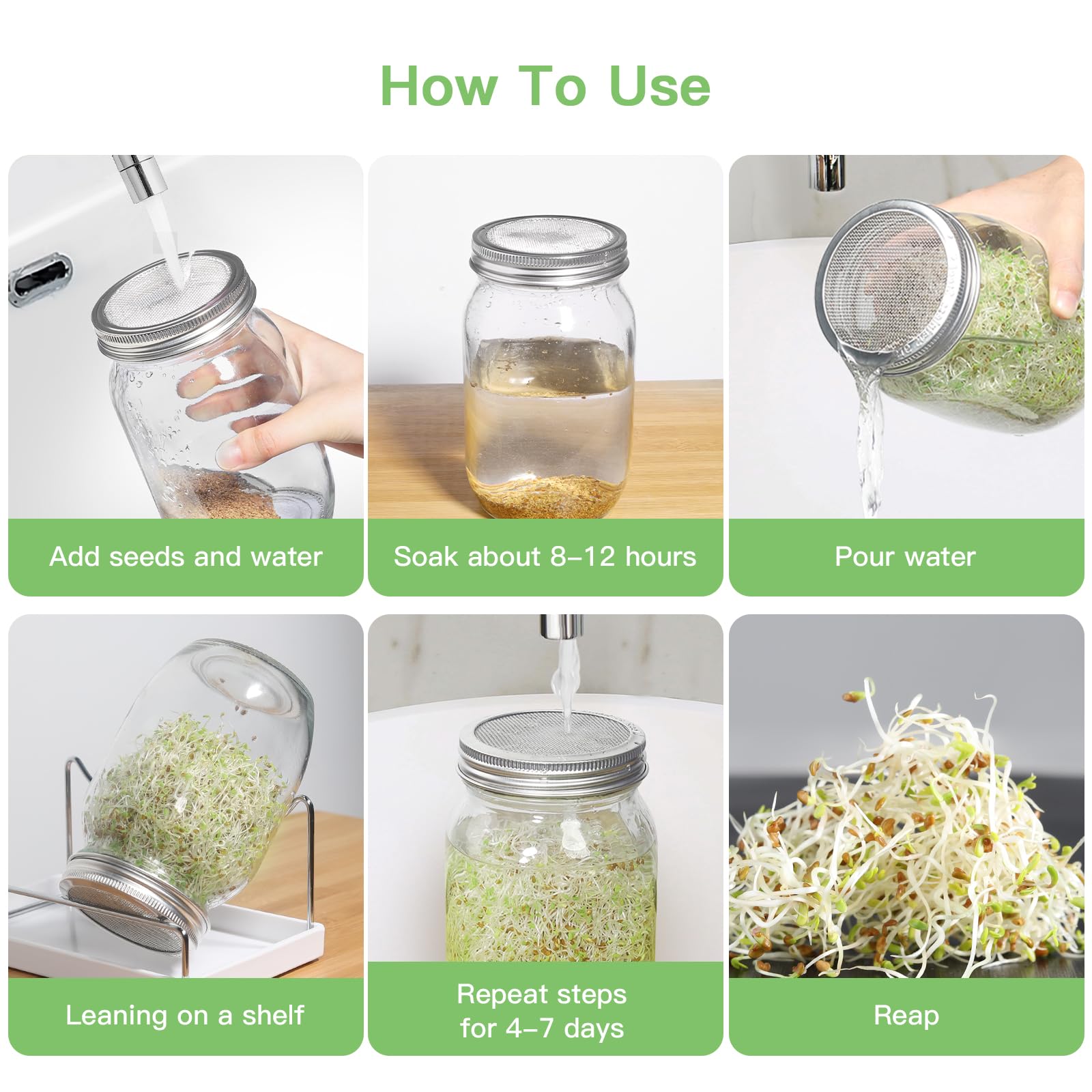 Seed Sprouting Jar Kit, 2 Pack Wide Mouth Mason Jars with 316 Stainless Steel Sprouting Lids, Drip Tray & Stand for Growing Broccoli, Alfalfa, Bean Sprouts