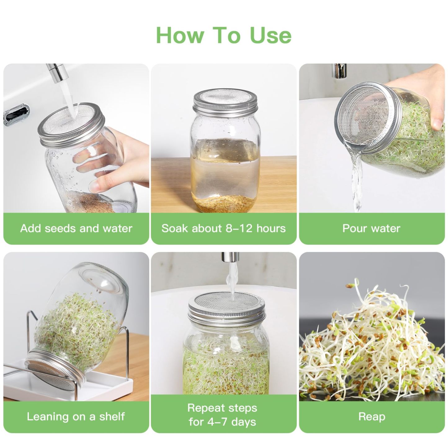 Seed Sprouting Jar Kit, 2 Pack Wide Mouth Mason Jars with 316 Stainless Steel Sprouting Lids, Drip Tray & Stand for Growing Broccoli, Alfalfa, Bean Sprouts