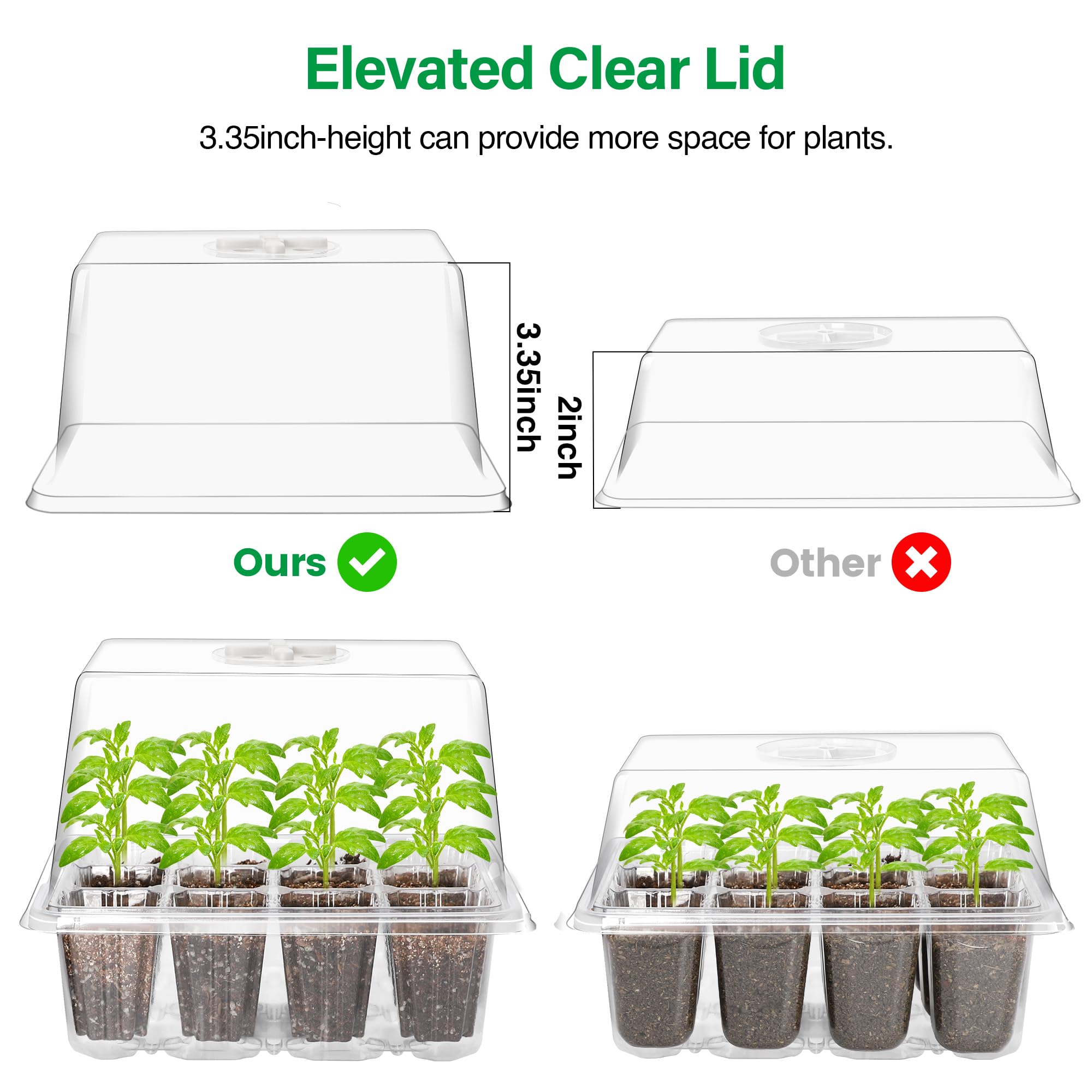 5 Packs Seed Starter Tray with Grow Light, Elevated Seedling Tray Kit with Adjustable Humidity Dome & Clear Cell Tray, 12 Full Spectrum LED Beads for Indoor Plant Germination