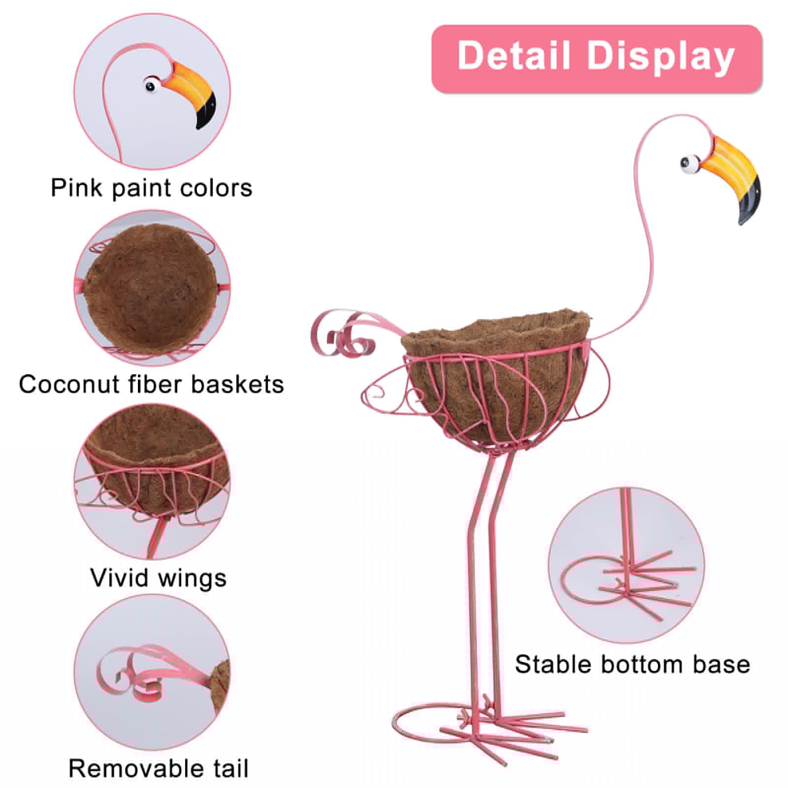 Set of 2 Pink Flamingo Planters with Basket, Metal Standing Flower Pots, Outdoor Yard Art Decor for Home Garden Porch Lawn Patio Pool