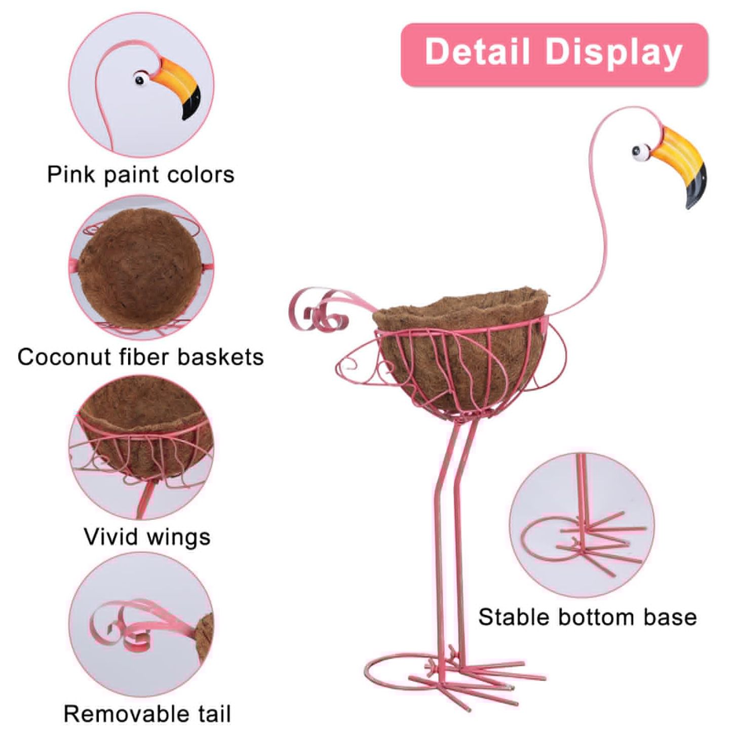 Set of 2 Pink Flamingo Planters with Basket, Metal Standing Flower Pots, Outdoor Yard Art Decor for Home Garden Porch Lawn Patio Pool
